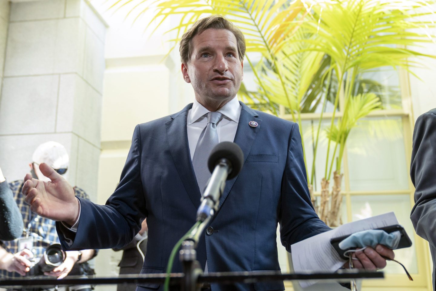 Dean Phillips speaking with reporters