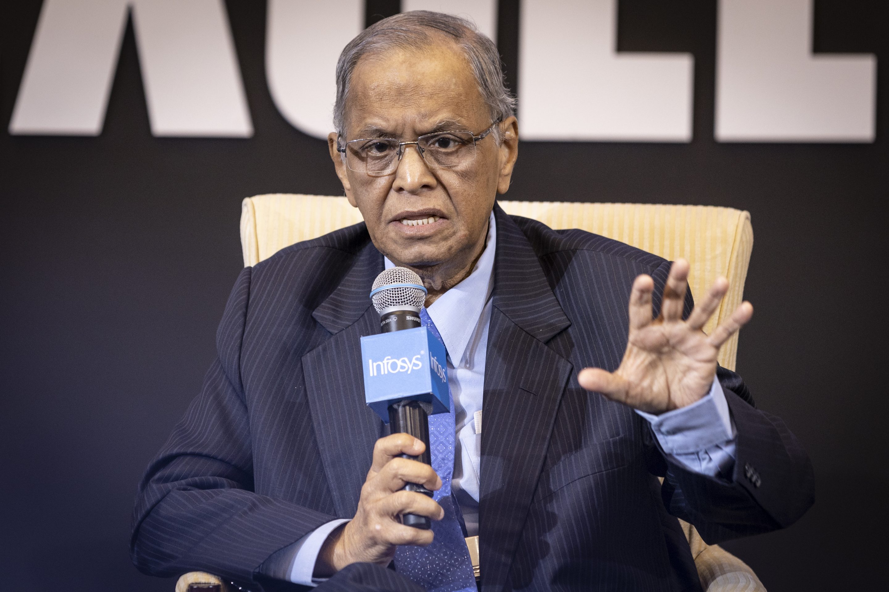 Narayana Murthy, co-founder of Infosys Ltd., speaks at the event celebrating the 40th anniversary of Infosys at the company's head office in Bengaluru, India on Dec. 14, 2022.