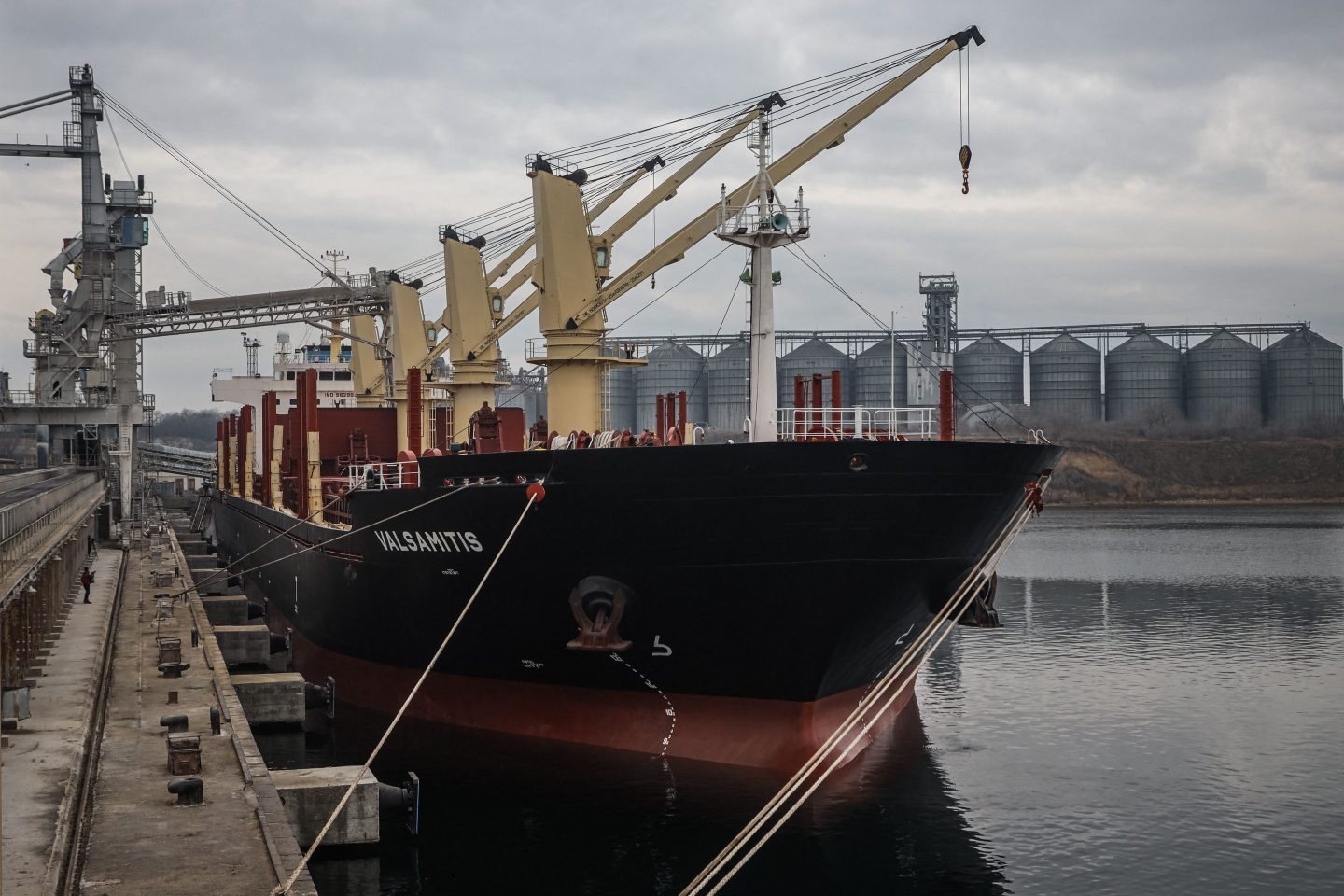 A UN-chartered vessel is loaded to deliver Ukrainian wheat to Kenya and Ethiopia, at the port of Chornomorsk, east of Odessa on the Black Sea coast, on Feb. 18.