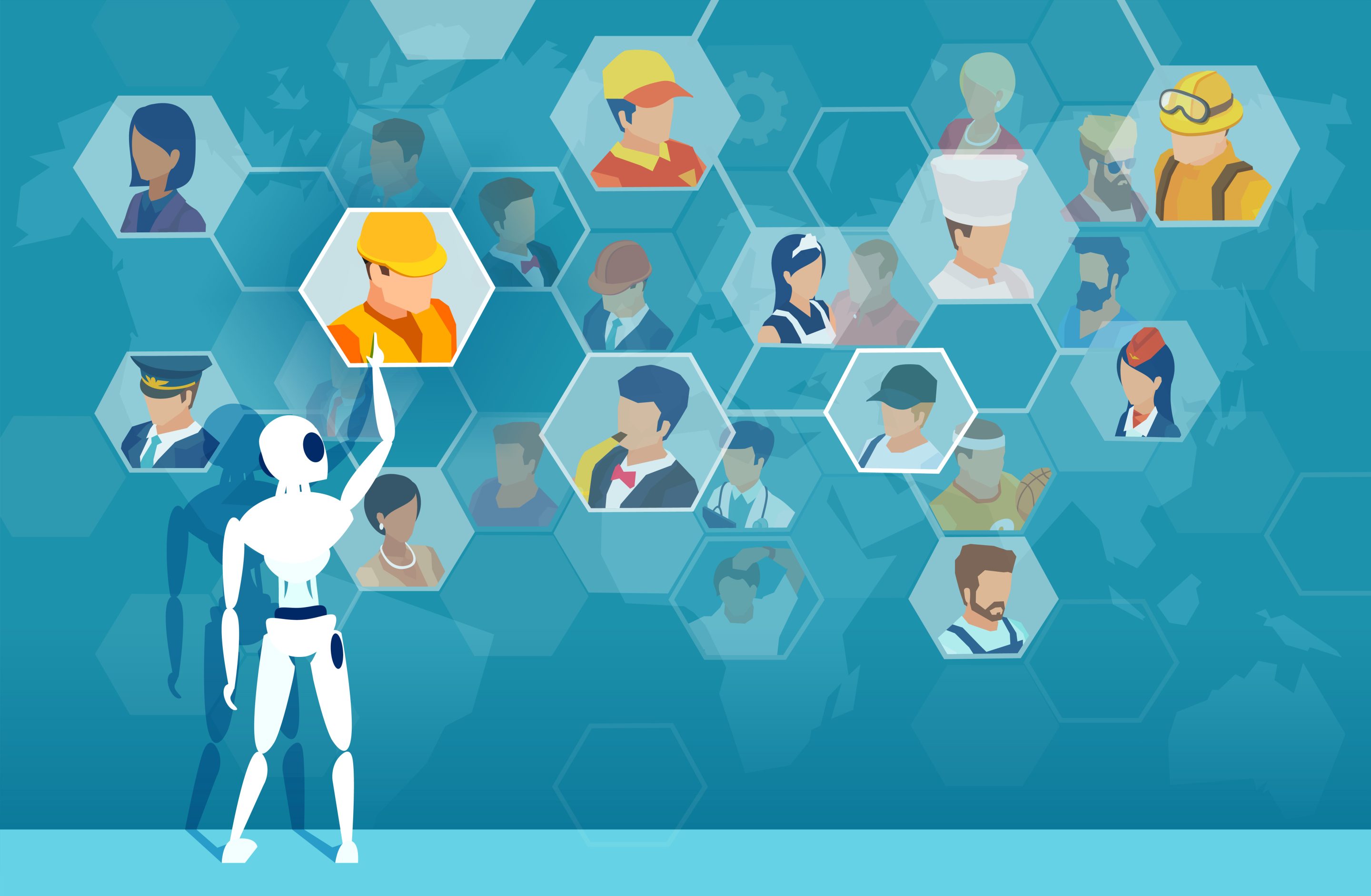 Vector of a robot being involved in search and recruitmet of a job candidate.