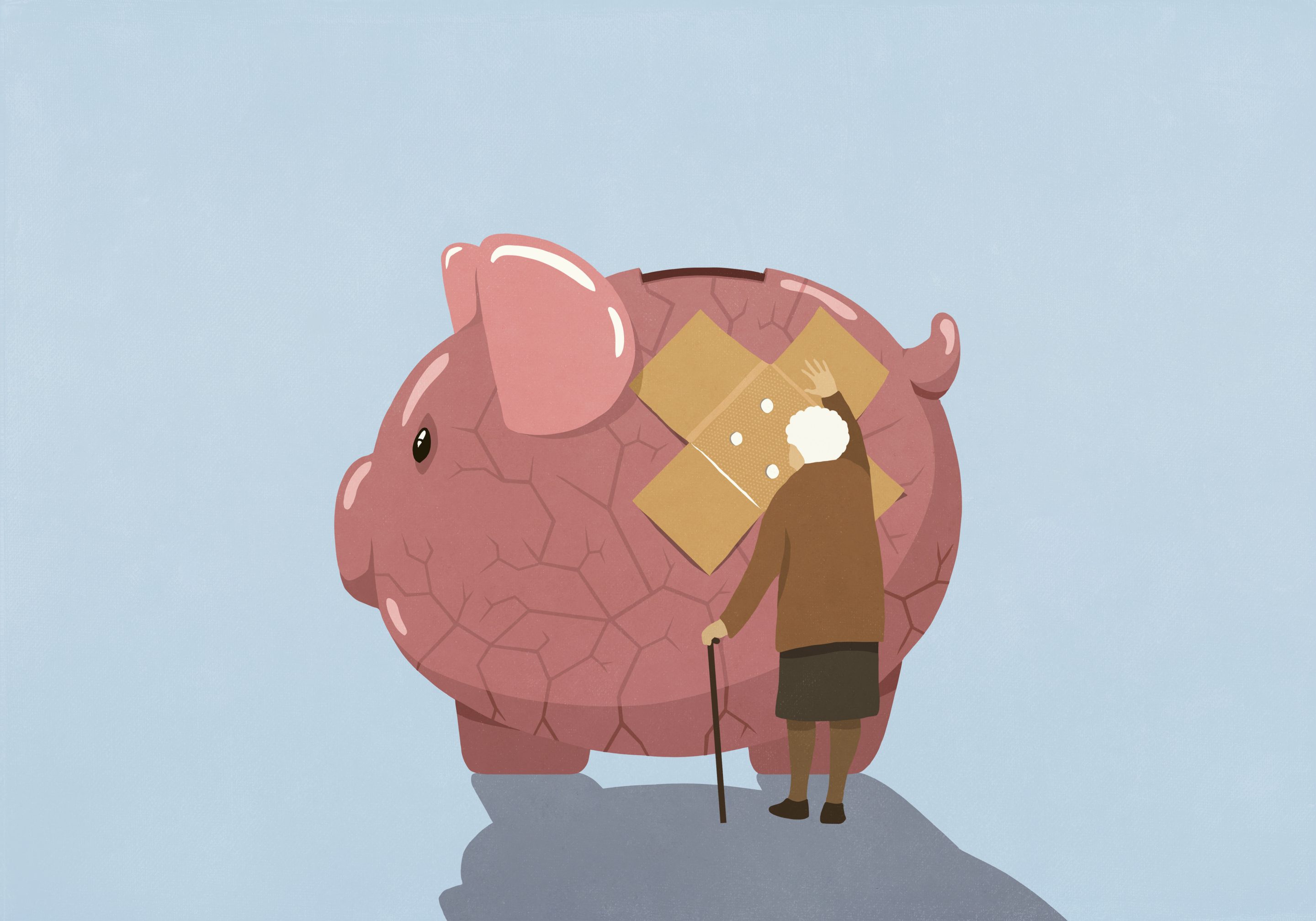 An image of an elderly person patching up a piggy bank.