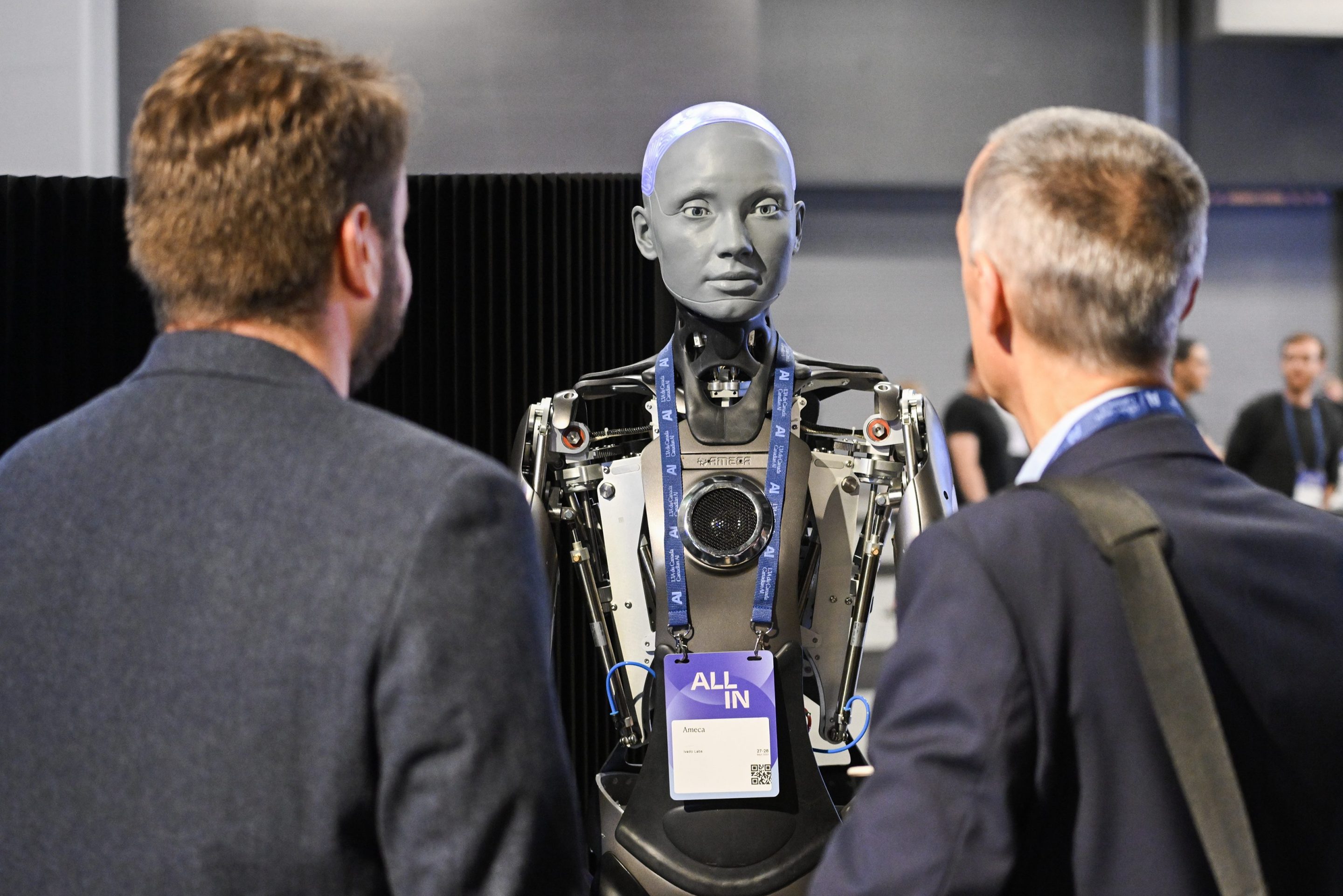 An Engineered Arts Ameca robot at an IVADO Labs exhibit during the All In event in Montreal, Quebec, Canada, on Wednesday, Sept. 27, 2023.