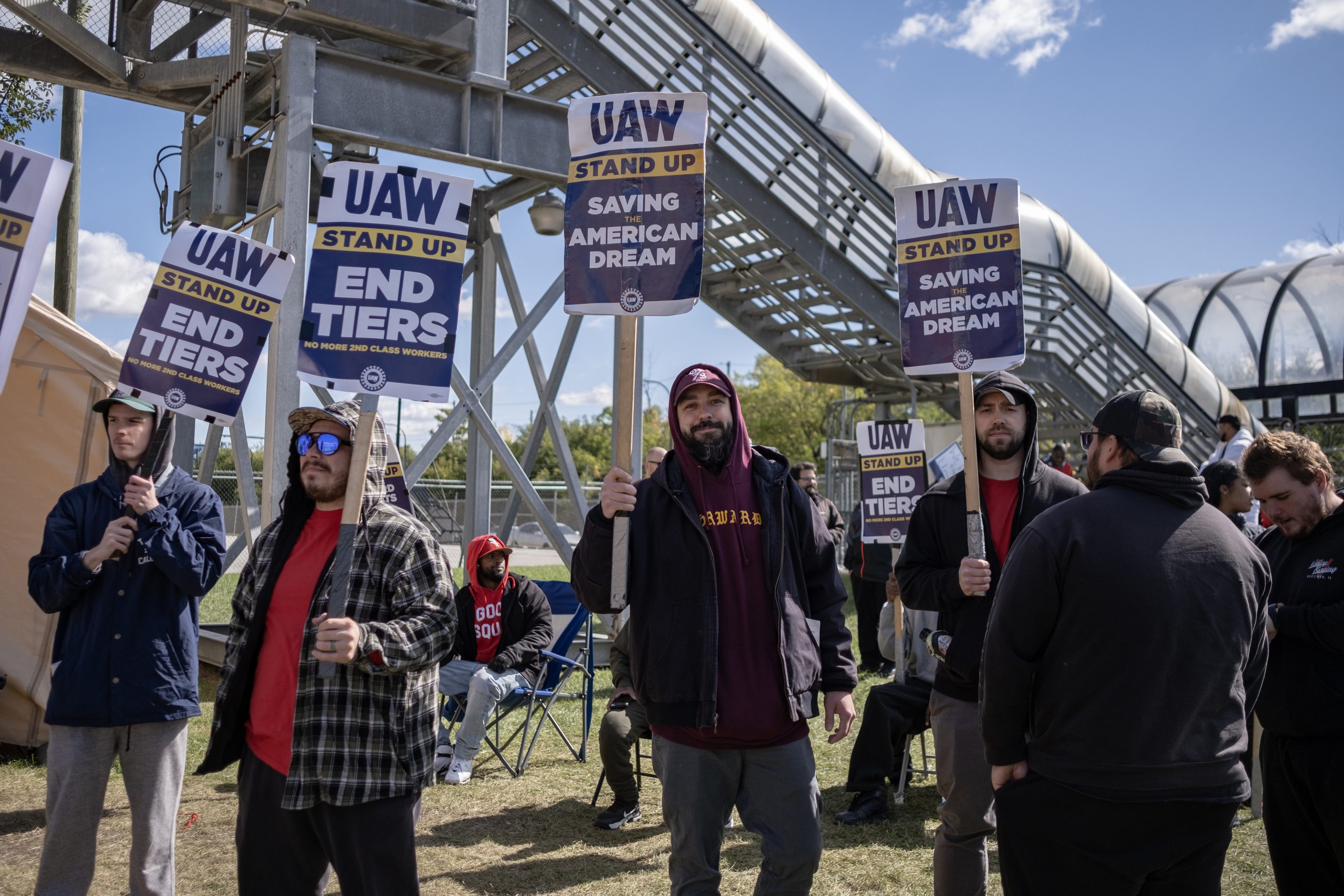 UAW members protest at the Ford Assembly Plant in Chicago.