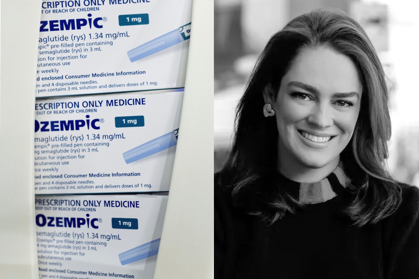 zoomed-in photo of ozempic drug packaging next to a portrait of a woman smiling