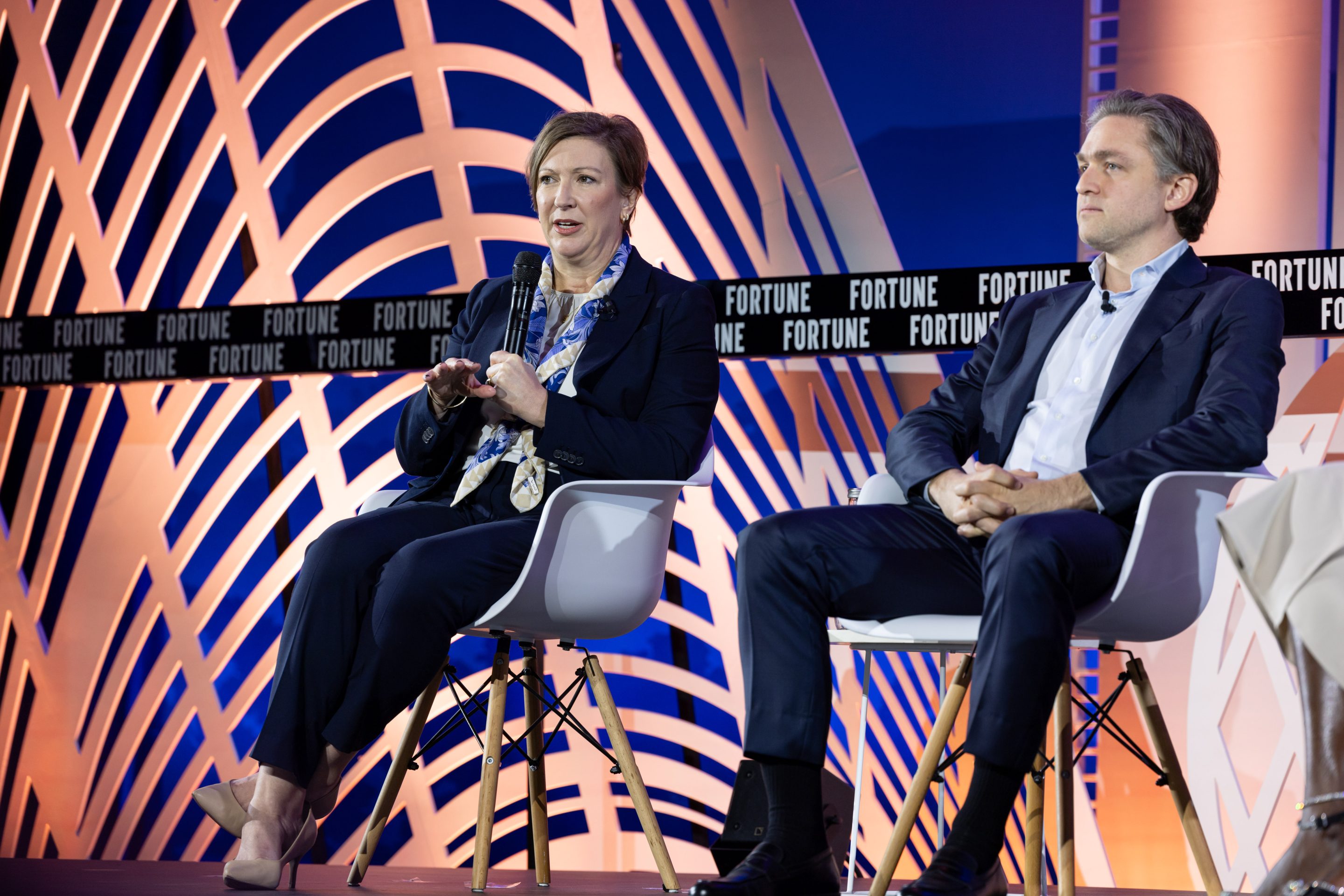 Renée McGowan, CEO of Marsh McLennan's India, Middle East & Africa business, and Taso Du Val, CEO of Toptal, at Fortune Global Forum in Abu Dhabi.