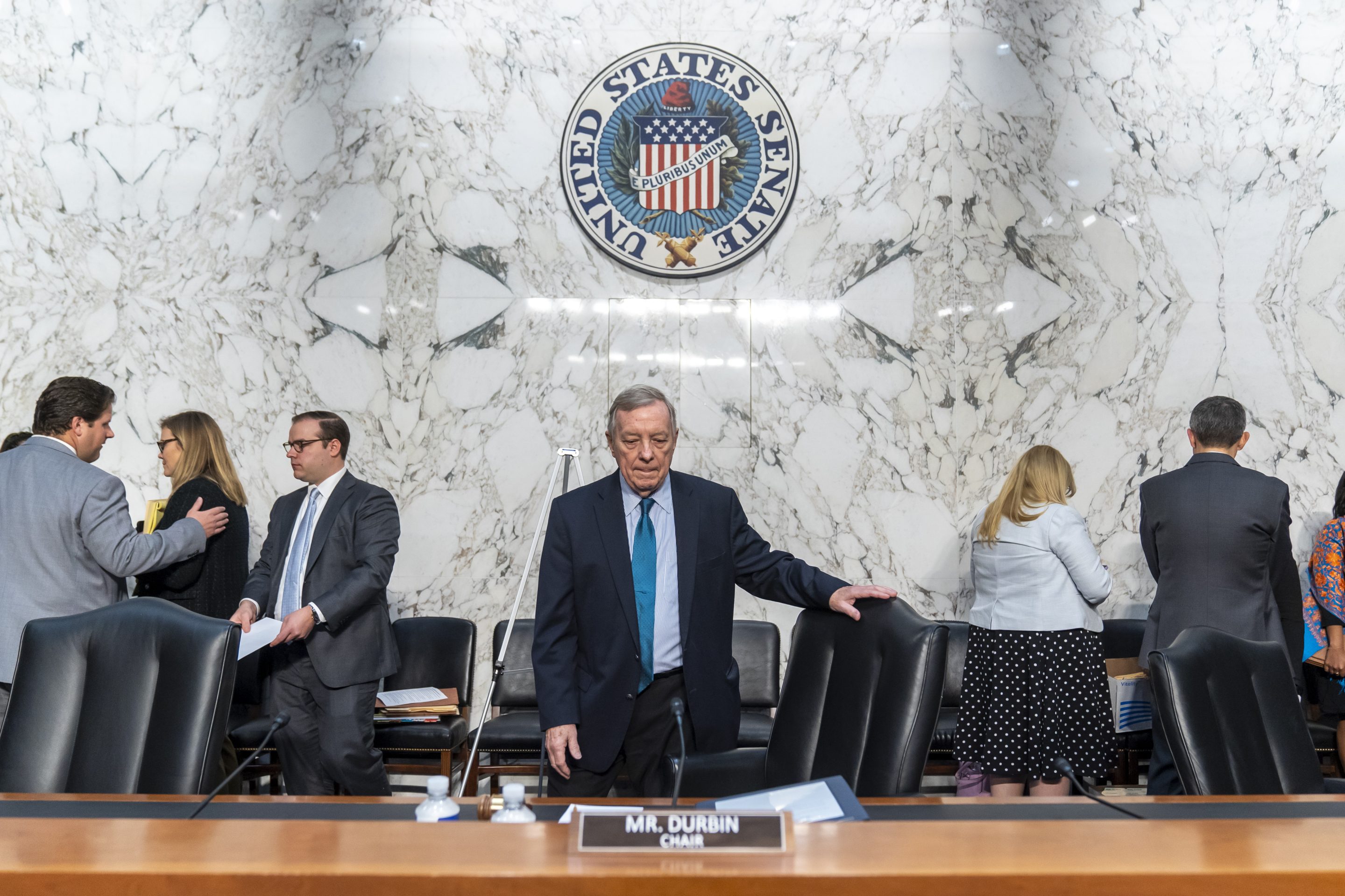 Senate Judiciary Committee chairman Sen. Dick Durbin, D-Ill., takes his seat for a markup business meeting of the Senate Judiciary Committee, on Capitol Hill, on Nov. 9, 2023, in Washington.