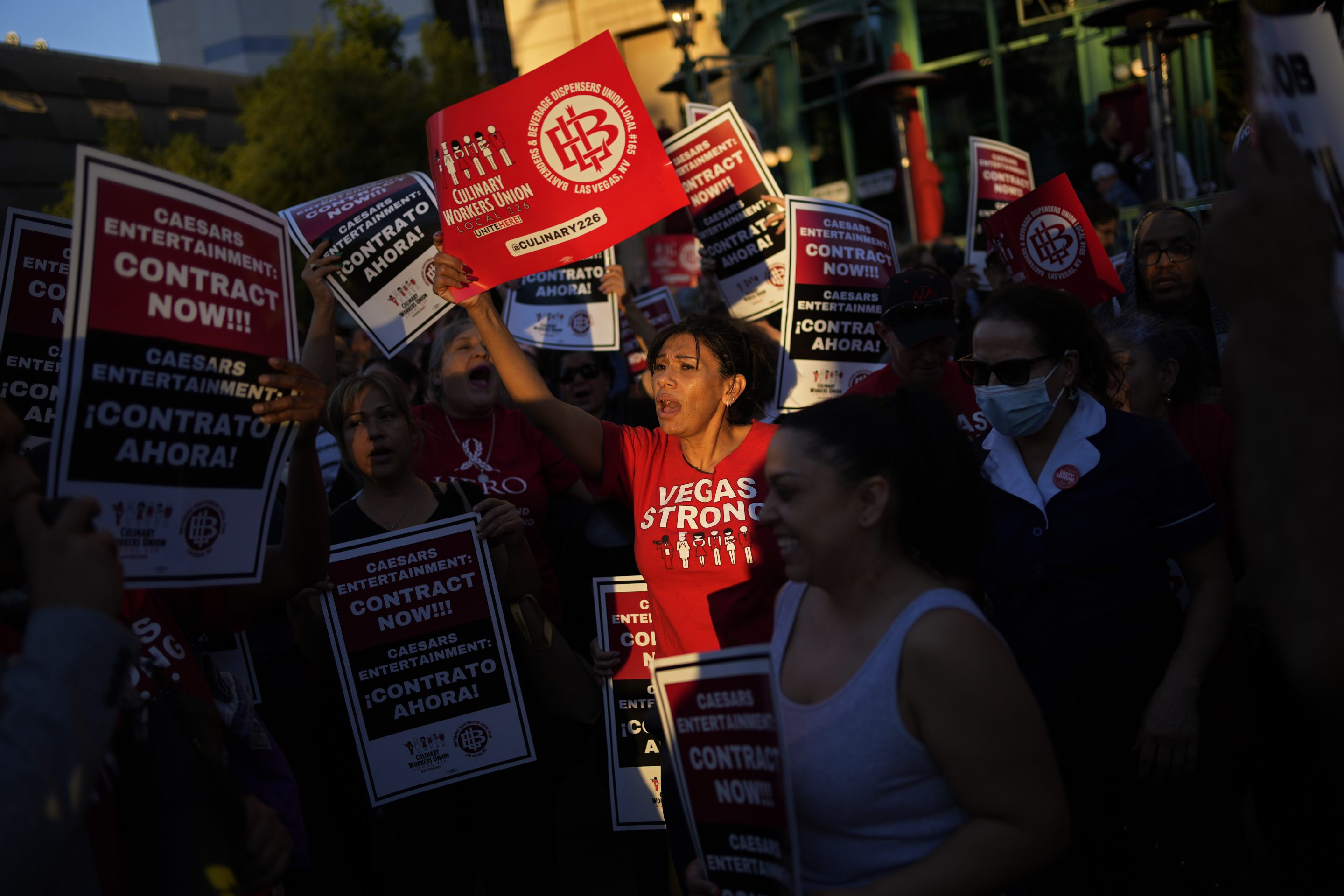 Members of the Culinary Workers Union rally along the Strip, on Oct. 25, 2023, in Las Vegas. 
