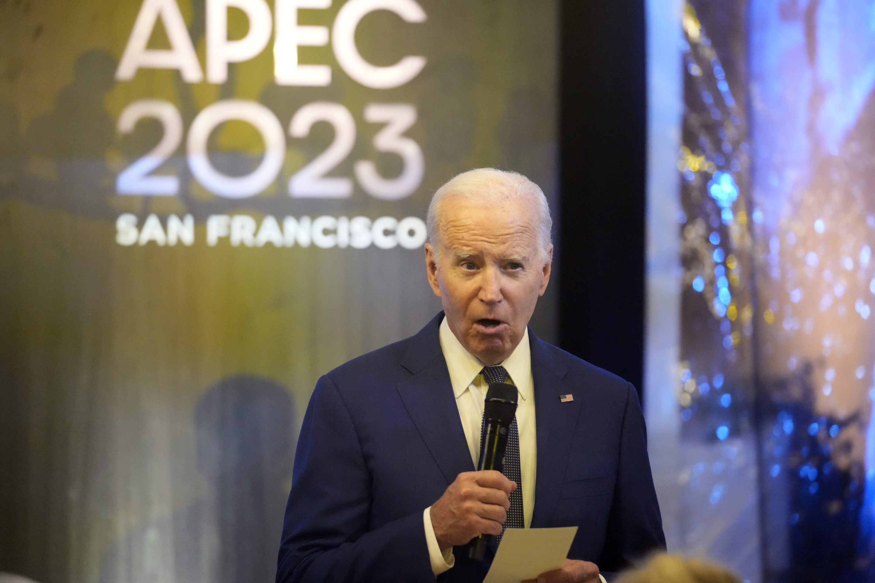 President Joe Biden speaks at the heads of delegation dinner at the Asia-Pacific Economic Cooperation summit, on Nov. 16, 2023, at the Legion of Honor Museum in San Francisco.