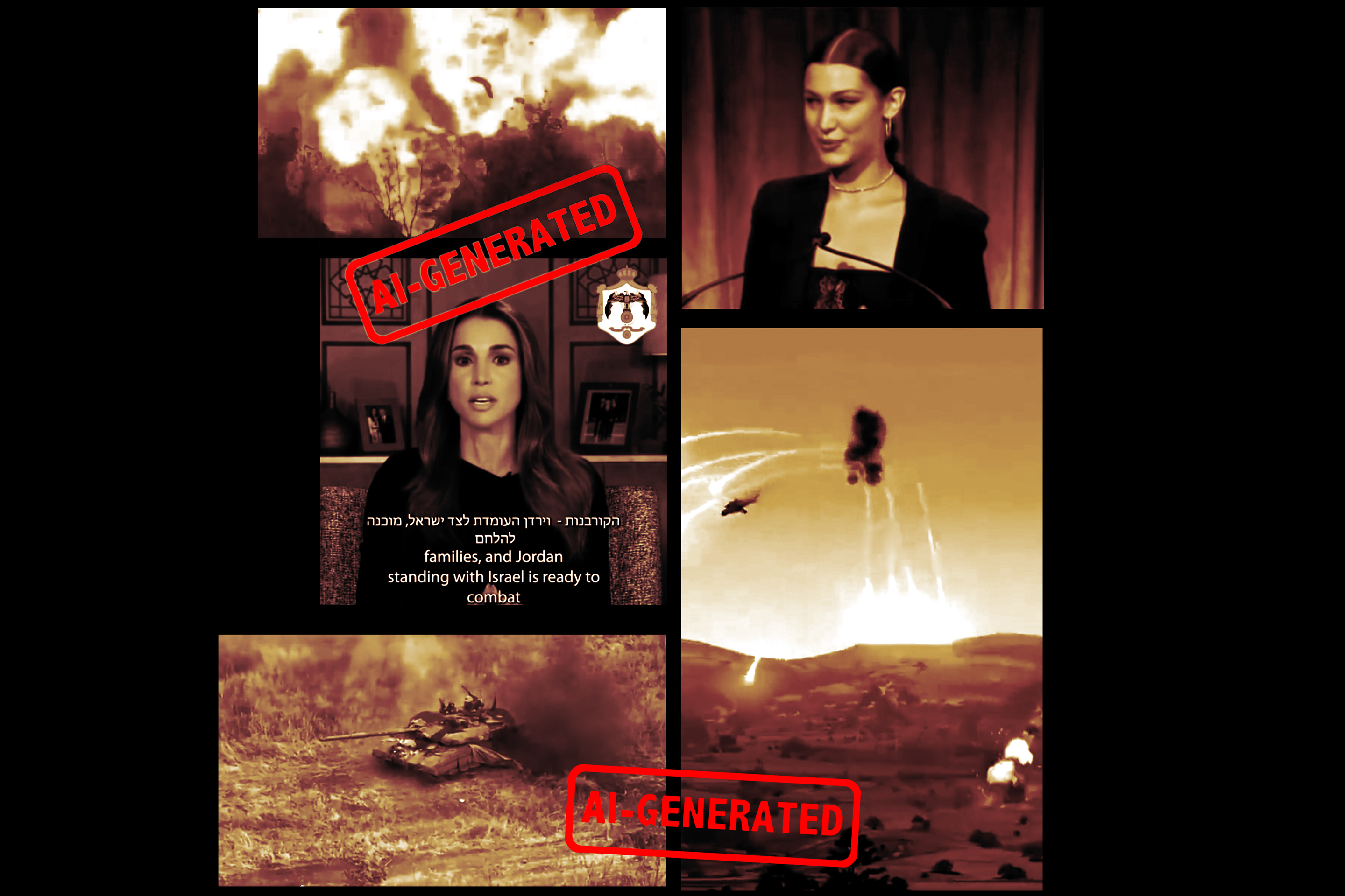 Deepfakes have played a starring role in the Gaza war, including manipulated videos featuring Jordan’s Queen Rania (middle left), and fashion model Bella Hadid (top right), along with repurposed battle footage from the Ukraine war (bottom left) and the video game Arma 3 (bottom right).