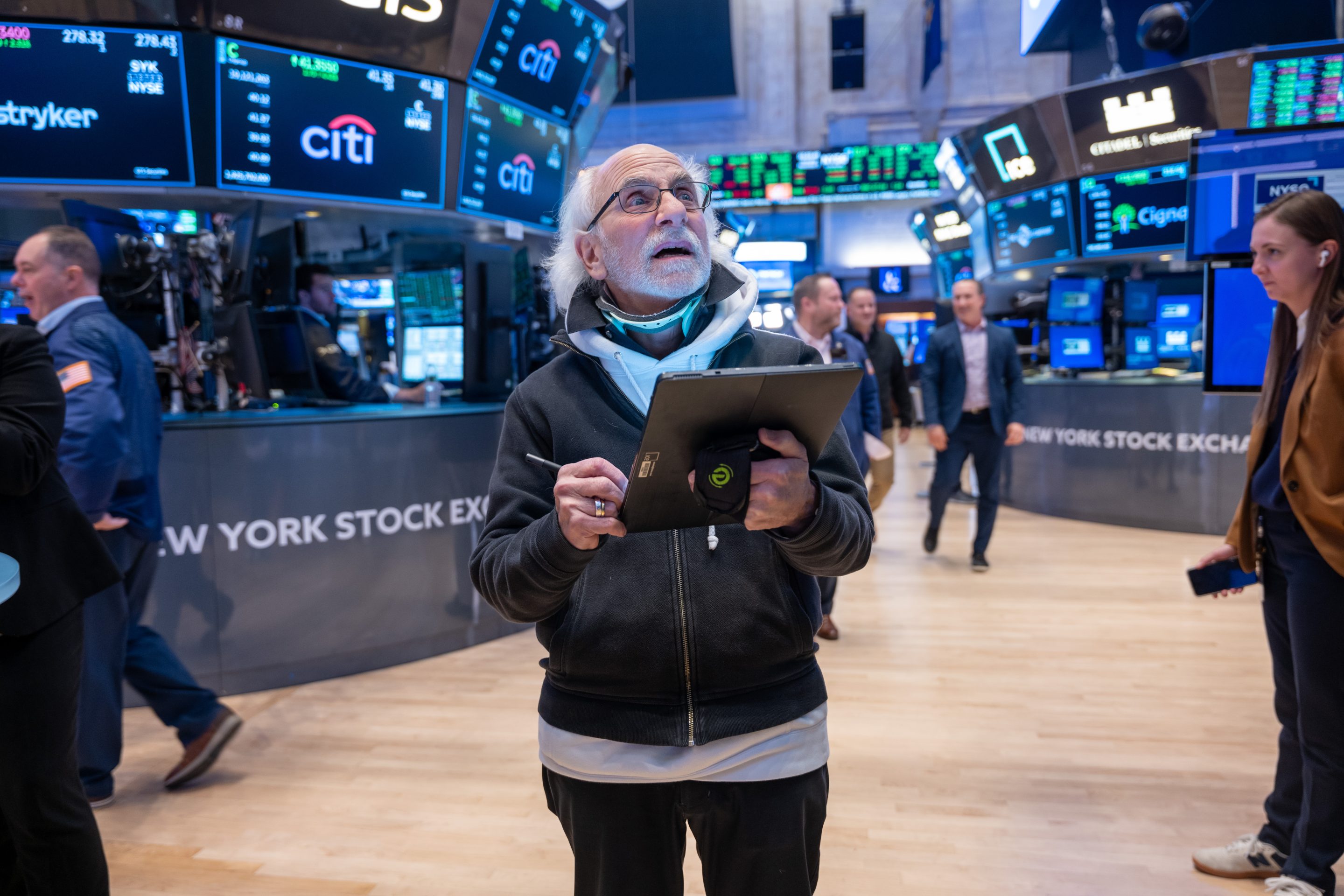 Traders work on the floor of the New York Stock Exchange (NYSE) on November 2, 2023 in New York City.