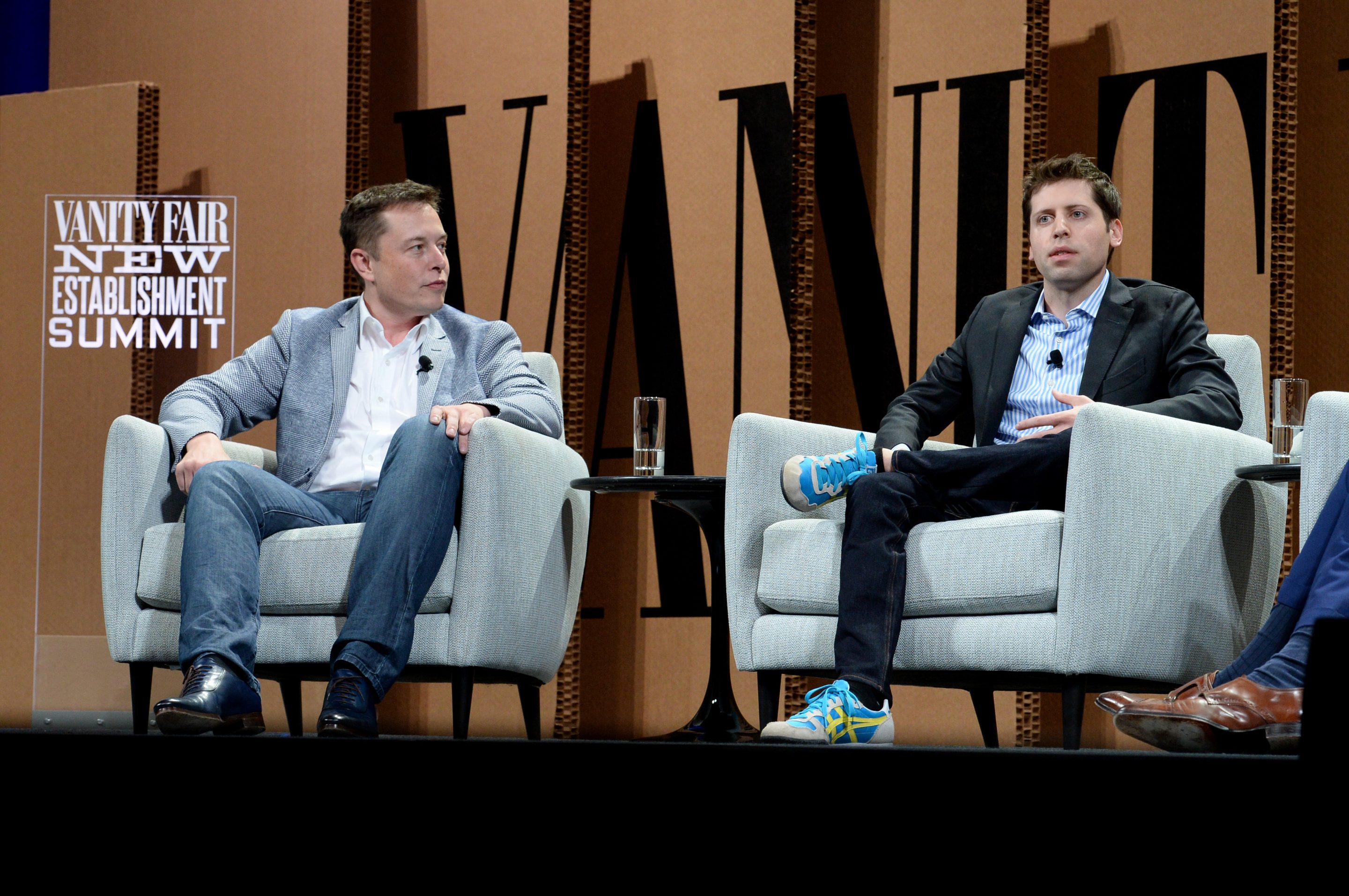 Elon Musk and Sam Altman, pictured together at the Vanity Fair New Establishment Summit in 2015.