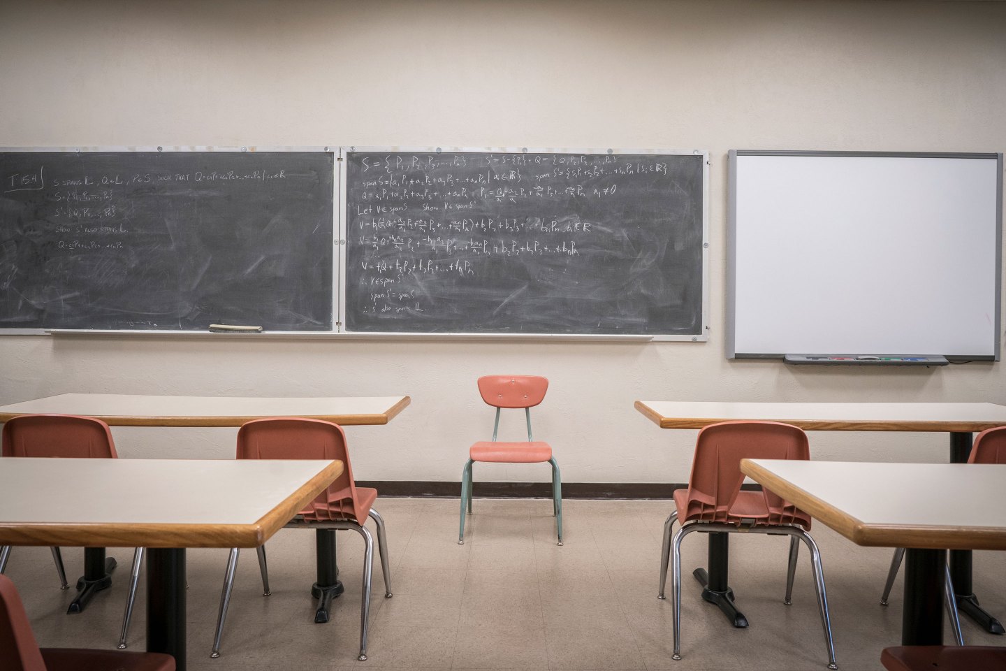 Equations on blackboard in empty classroom