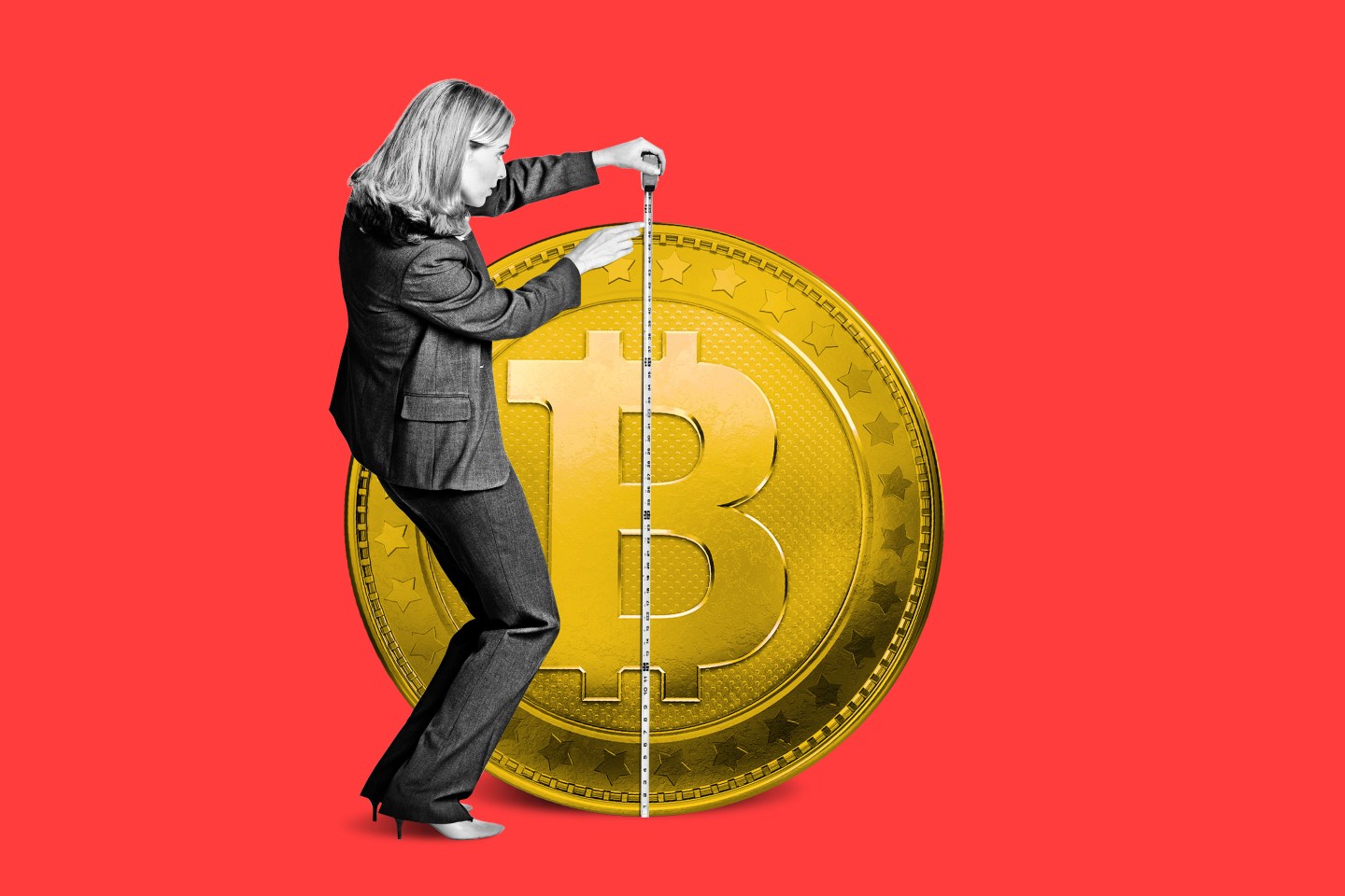 A woman measuring a coin with a measuring tape.