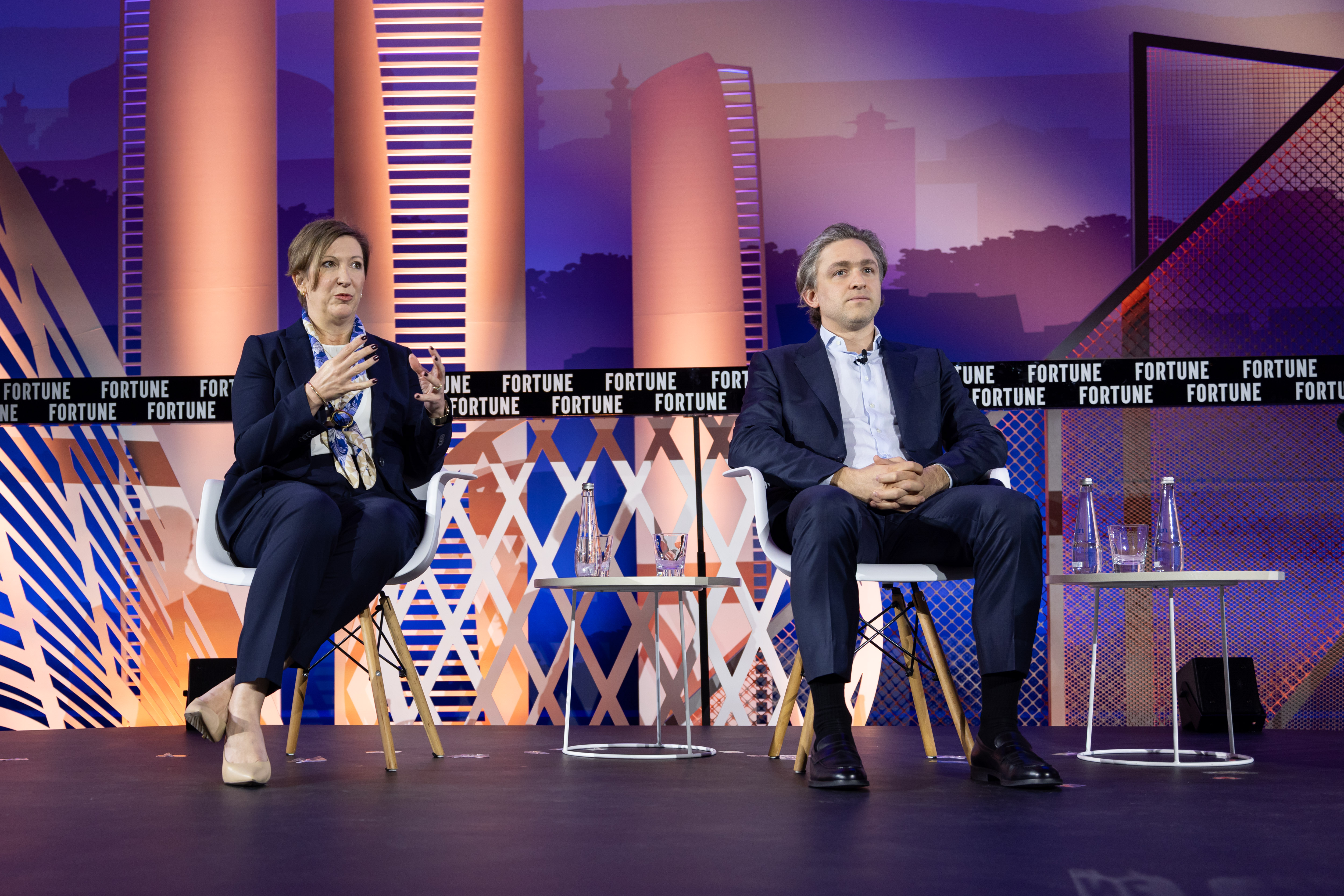 Renée McGowan, CEO of Marsh McLennan India, Middle East & Africa, and Taso Du Val, CEO of  Toptal at Fortune Global Forum in Abu Dhabi.