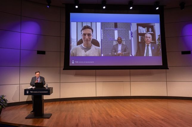 From left to right: Yale's Prof. Jeffrey Sonnenfeld, former White House advisor Jared Kushner, UAE Ambassador to the U.S. Yousef Al Otaiba, Israel's Ambassador to the U.S. Michael Herzog.
