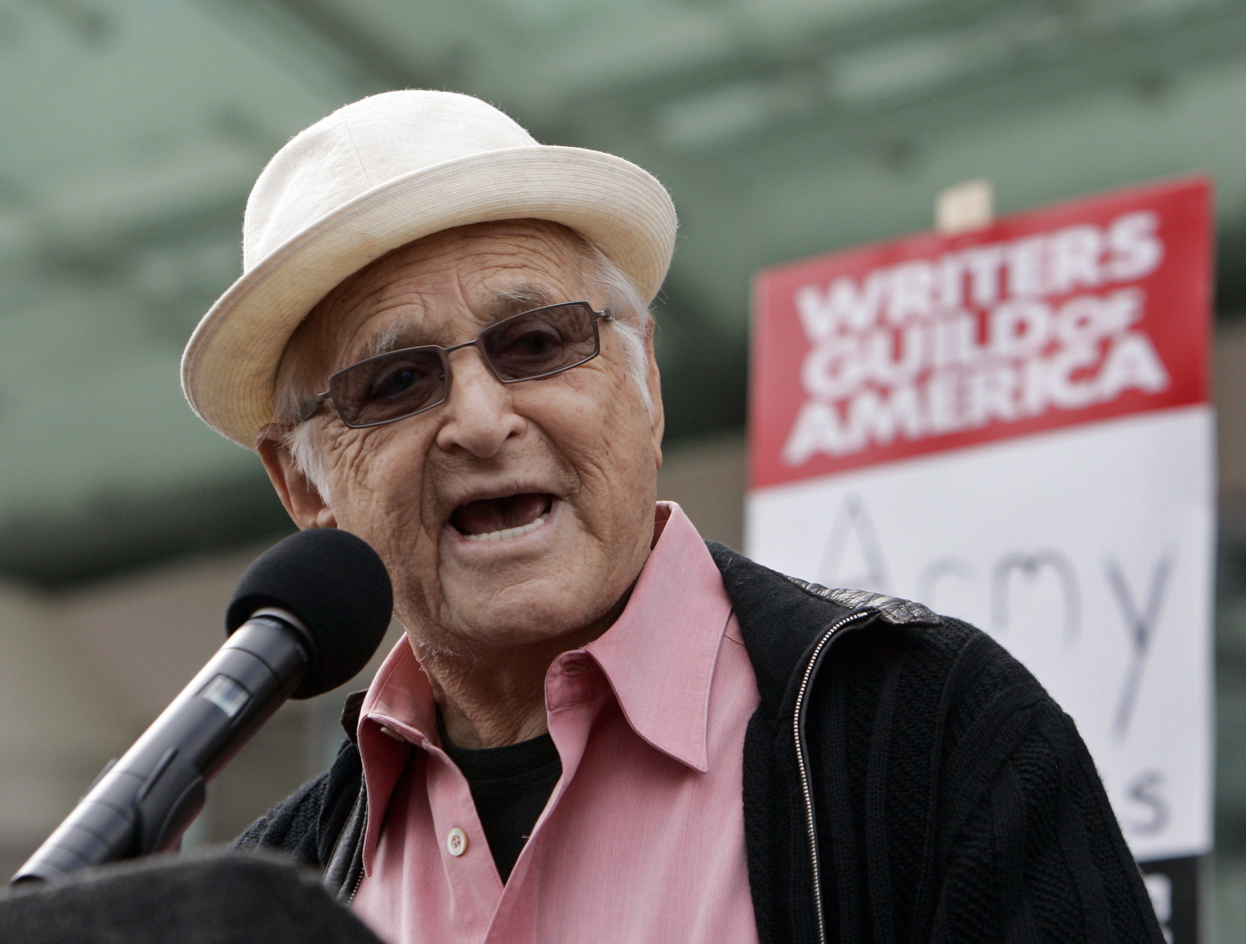 Norman Lear speaking during the Writers Guild of America strike