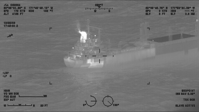 This image provided by the U.S. Coast Guard shows a reported fire aboard the 410-foot cargo vessel Genius Star XI, approximately 200 miles southwest of Dutch Harbor, Alaska on Thursday, Dec. 29, 2023.