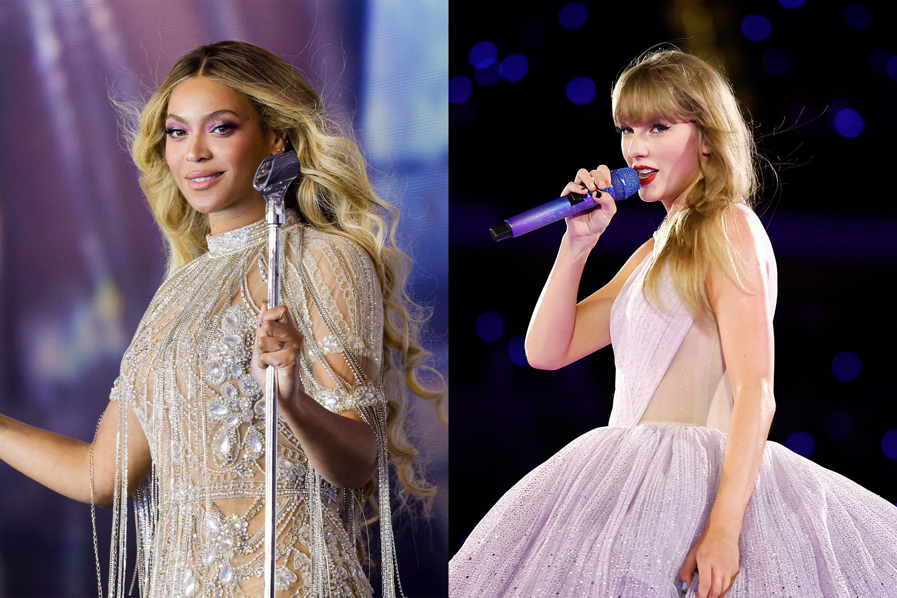 From left: Beyoncé on stage at her Renaissance World Tour; Taylor Swift performs during her Eras Tour.