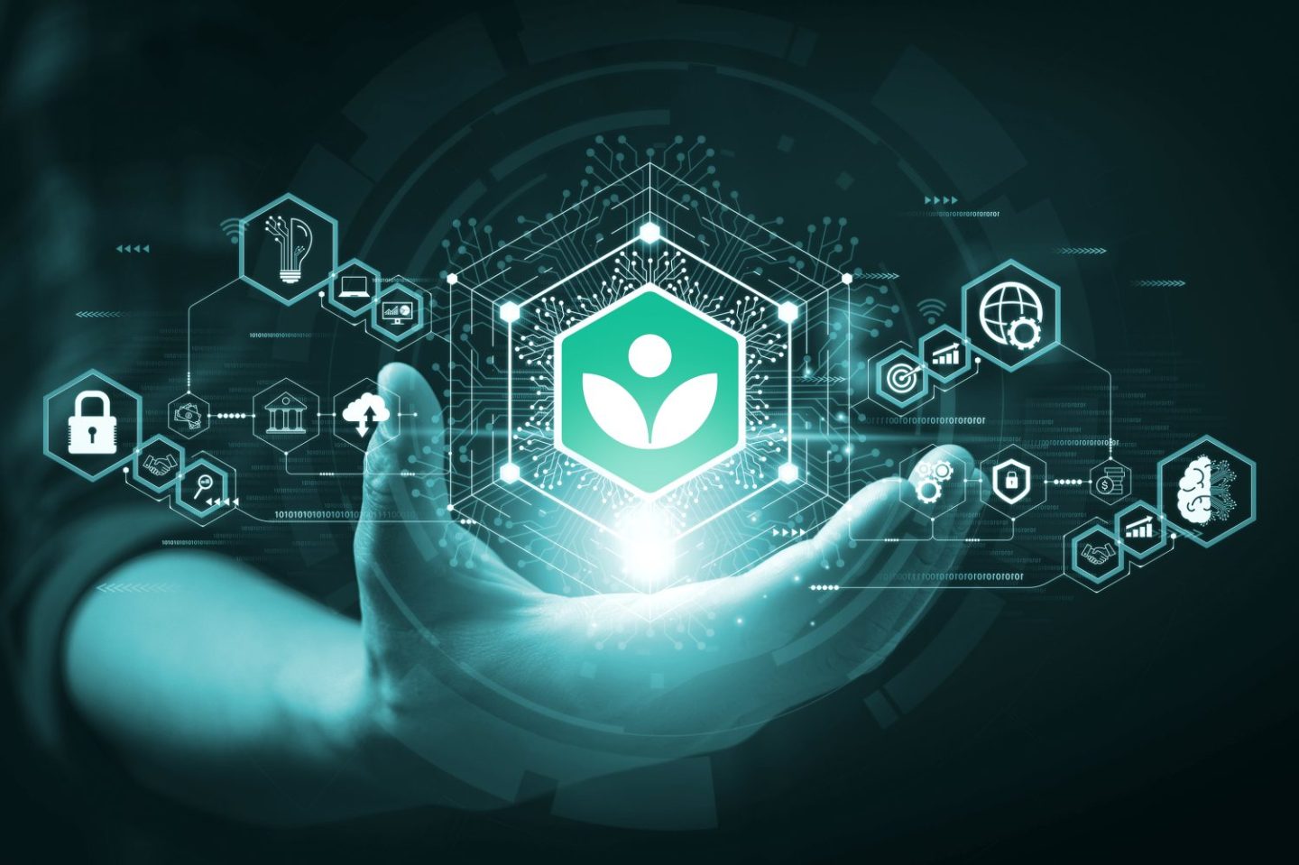 Photo of an outstretched hand with a glowing hexagon of AI technology and the Khan Academy logo floating above it.