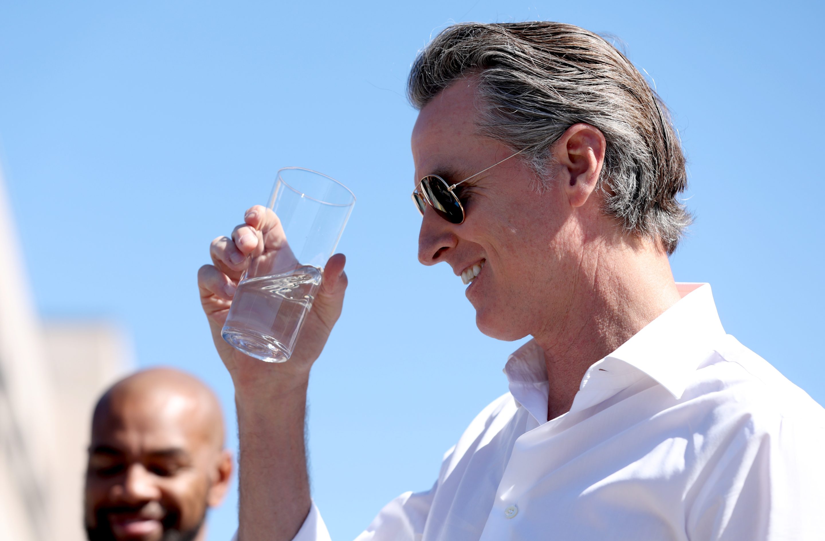California Gov. Gavin Newsom tastes wastewater that was treated at the Antioch Water Treatment Plant.
