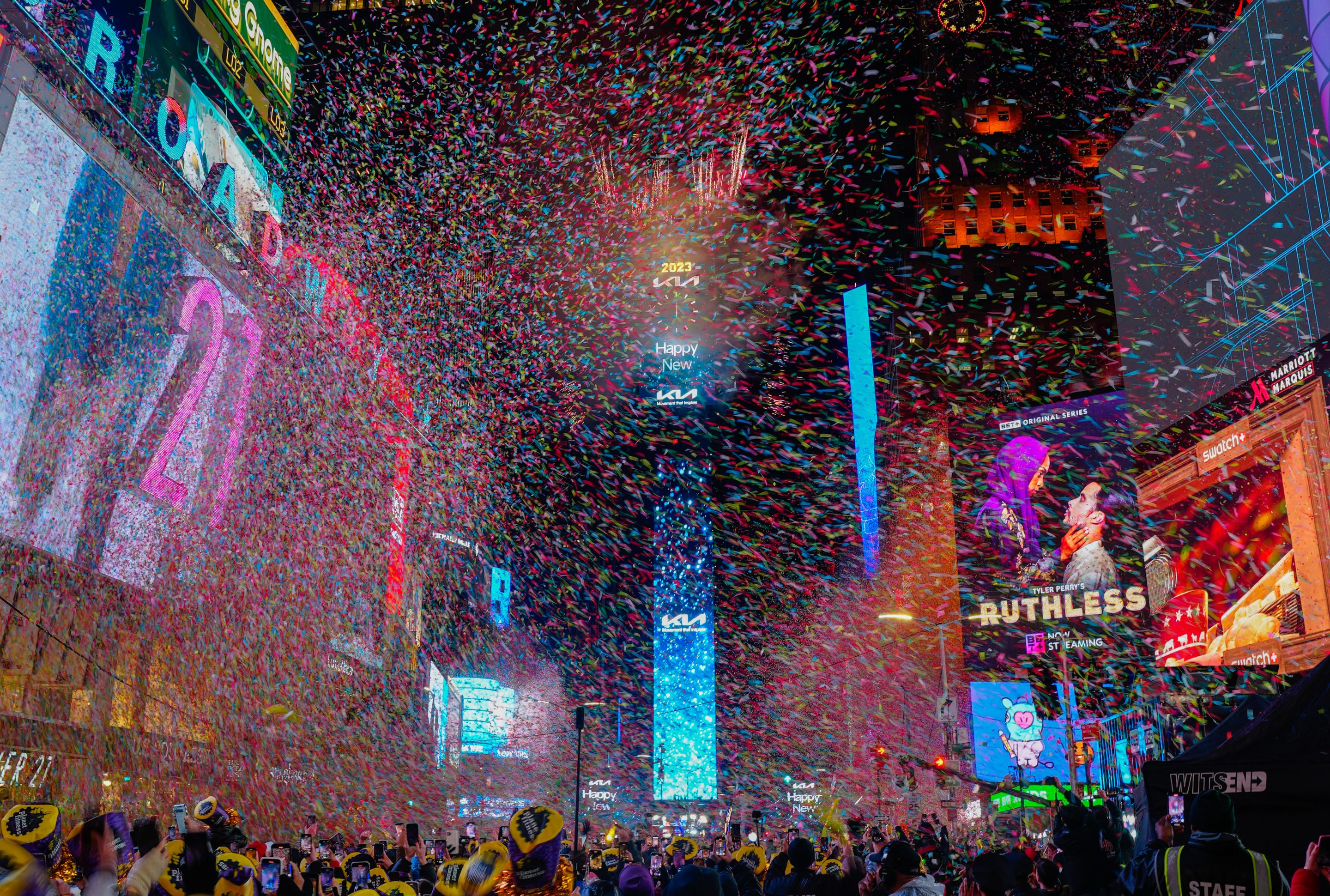A view of the ball drop in Times Square during the New Year's Eve celebration on Jan. 1, 2023, in New York City.