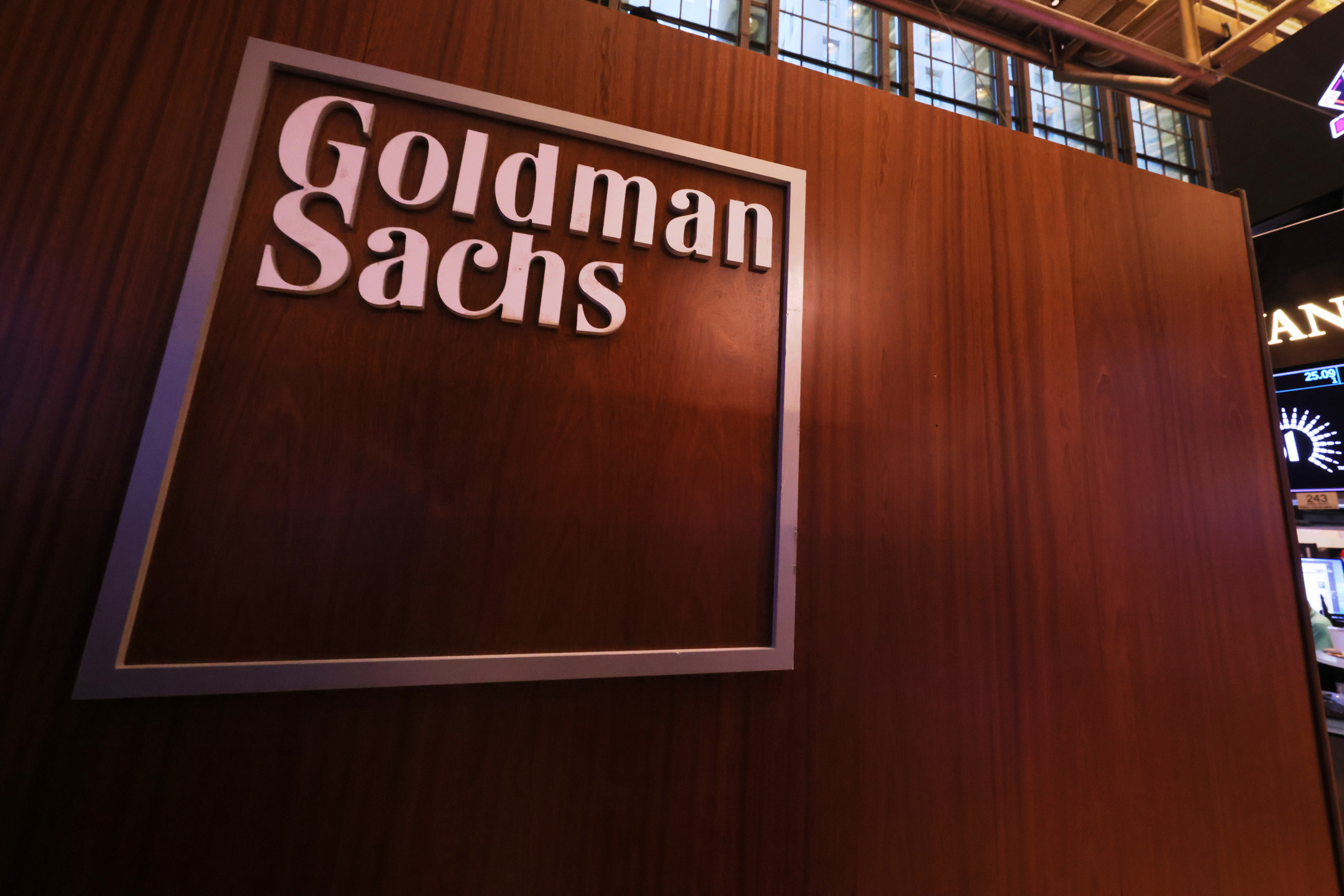 The Goldman Sachs logo is seen at the New York Stock Exchange