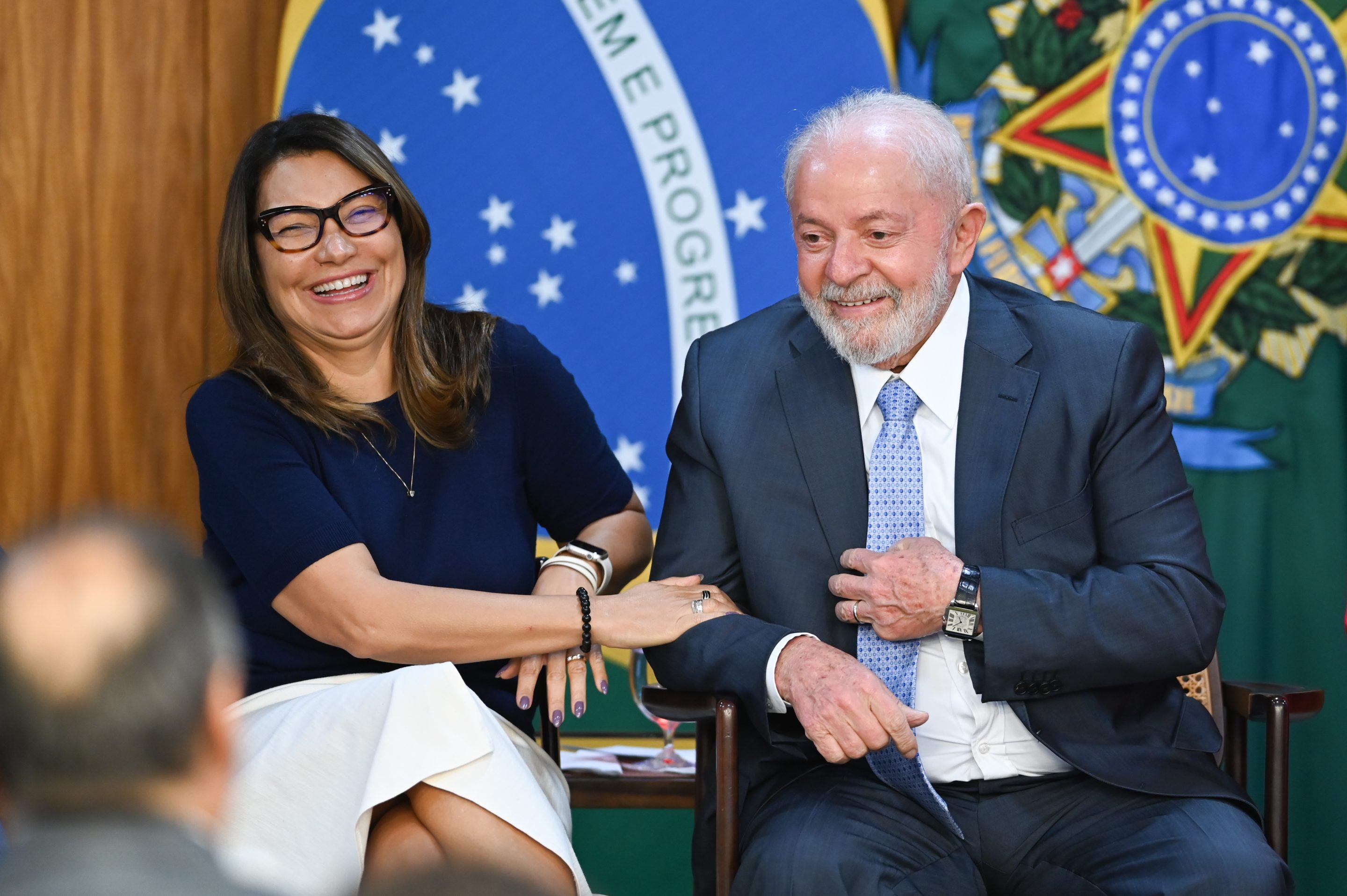The President of Brazil, Luiz Inacio Lula da Silva and the First Lady, Janja Lula da Silva sign the decree for Bill No. 976/2022, which provides a special pension for children orphaned by the crime of femicide, on Oct. 31, 2023 at the Planalto Palace in Brasilia, Brazil. 