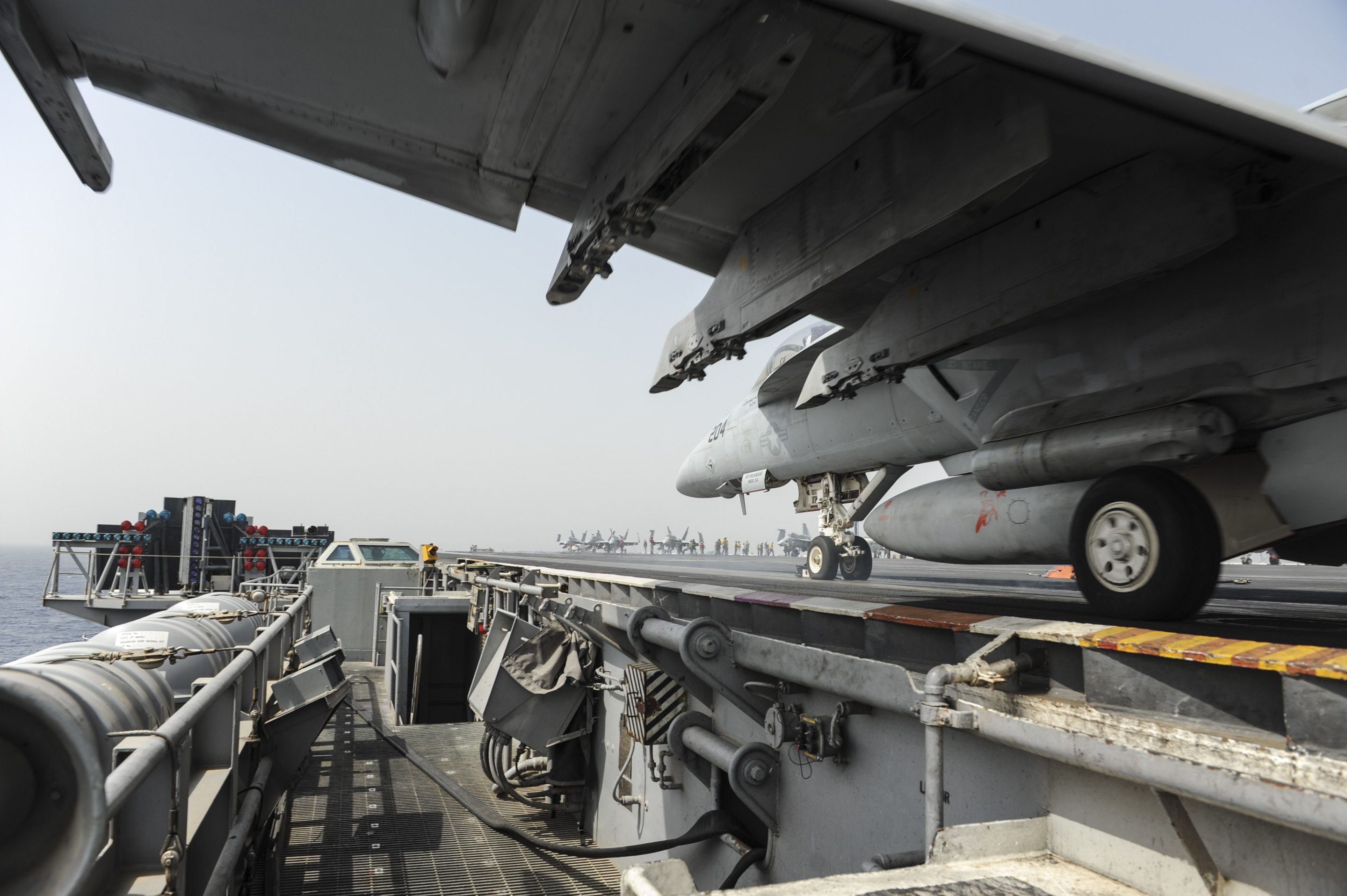 An F/A-18E Super Hornet on the nuclear-powered USS Nimitz in the Red Sea.