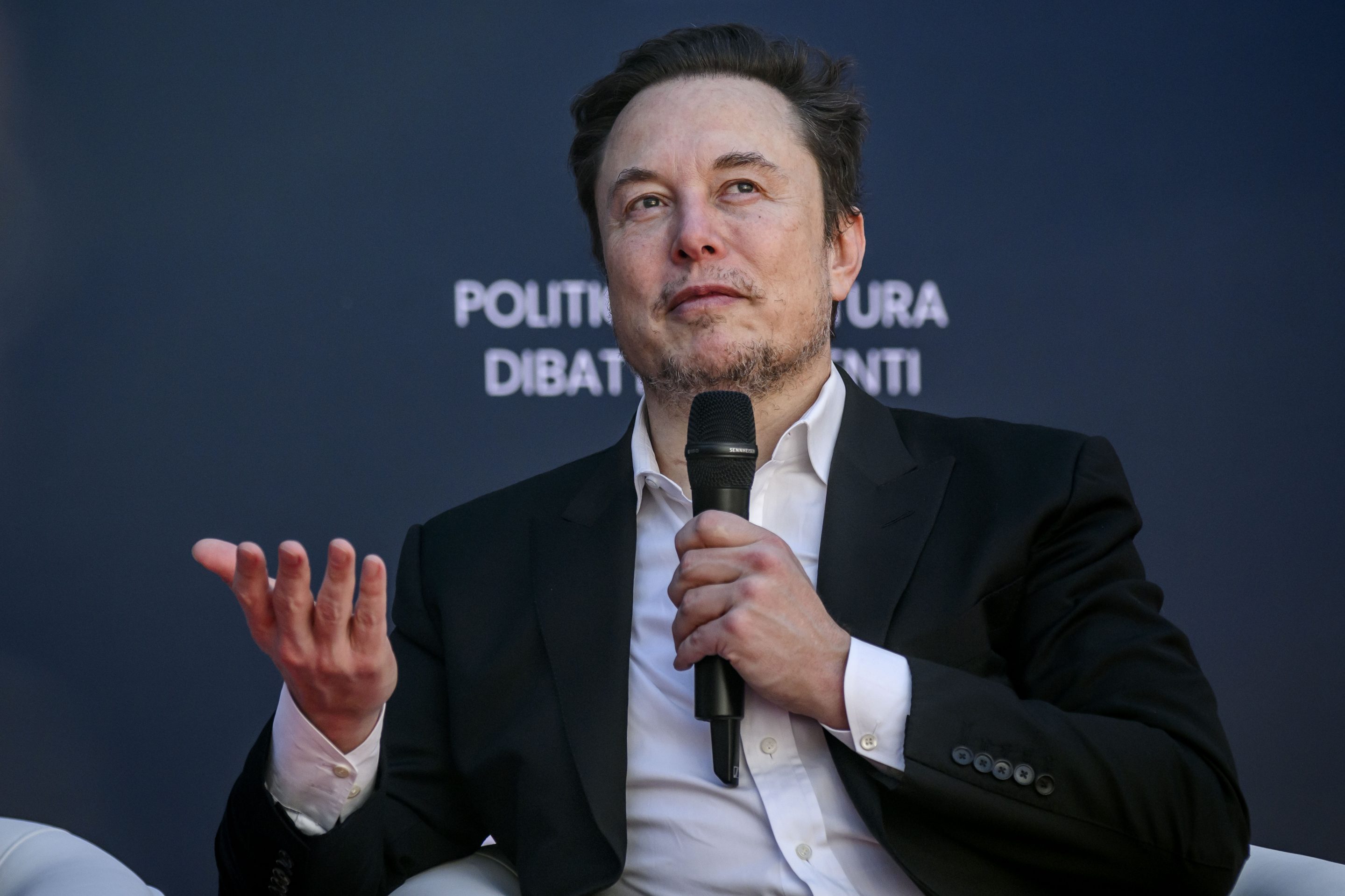 Elon Musk, chief executive officer of Tesla and X (formerly Twitter) Ceo speaks at the Atreju political convention organized by Fratelli d'Italia (Brothers of Italy), on Dec. 15, 2023 in Rome. 