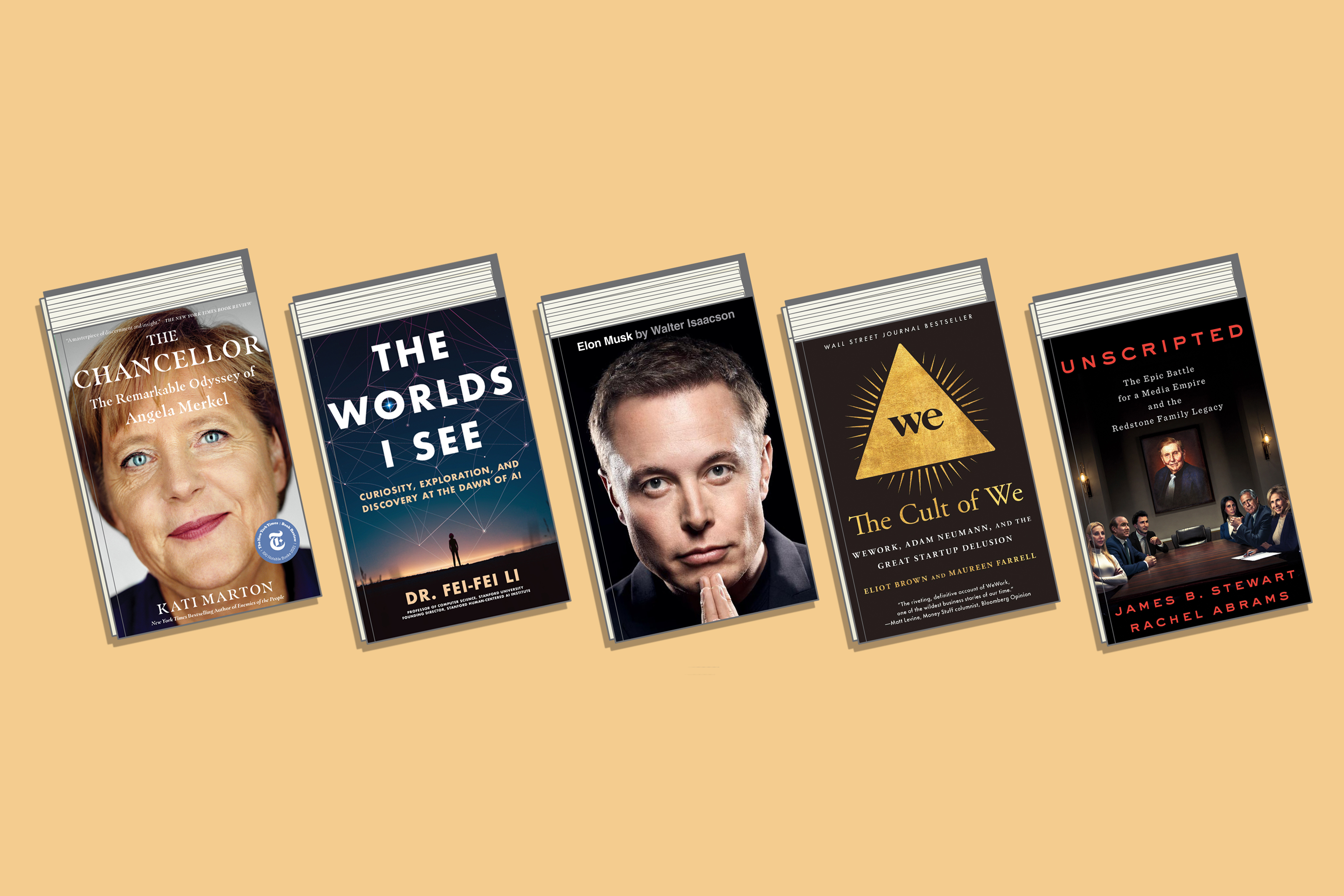 Five book covers, including Elon Musk and The Chancellor