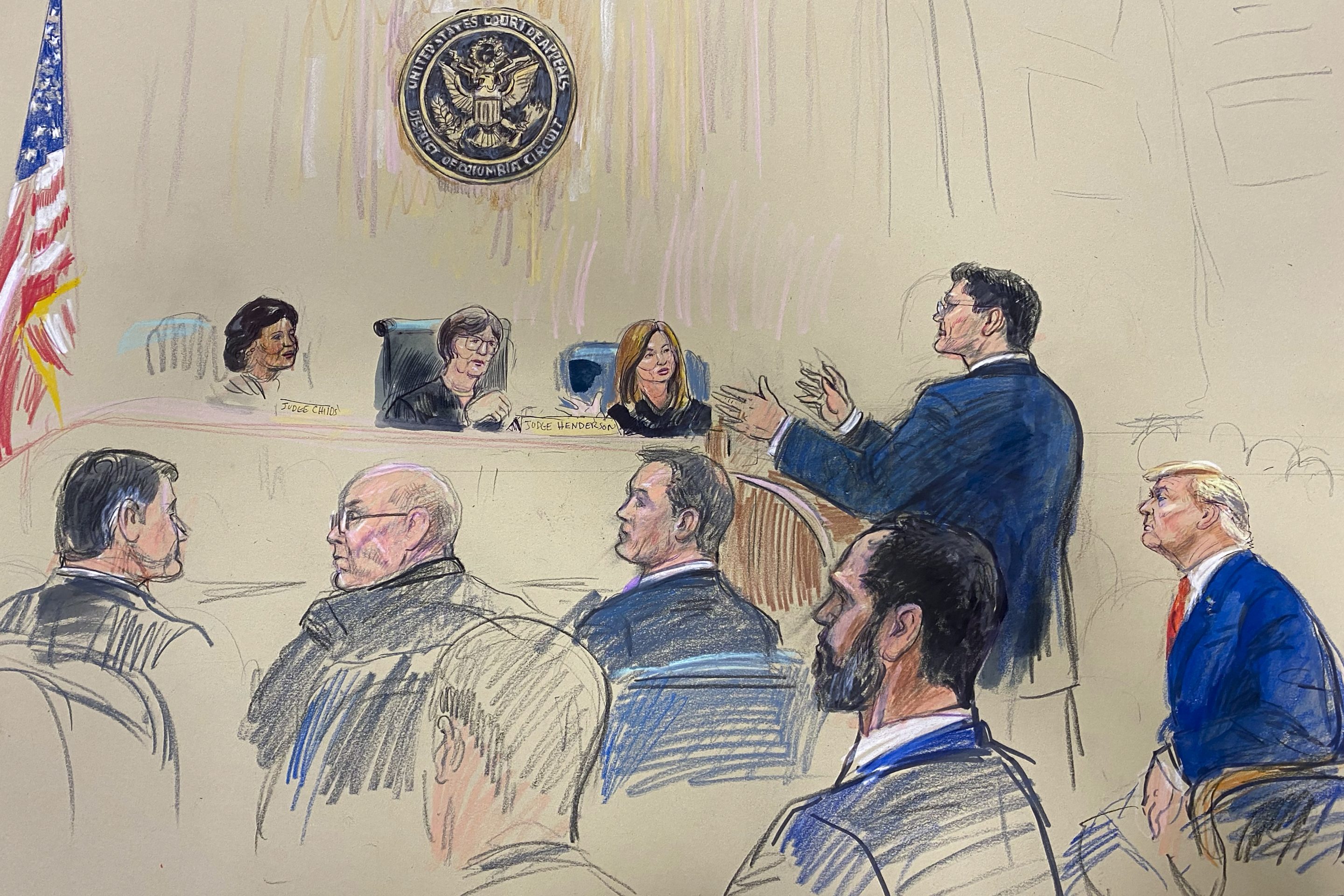 Artist sketch depicts former President Donald Trump, seated right, listening as his attorney D. John Sauer, standing, speaks before the D.C. Circuit Court of Appeals at the federal courthouse, on Jan. 9, 2024 in Washington.