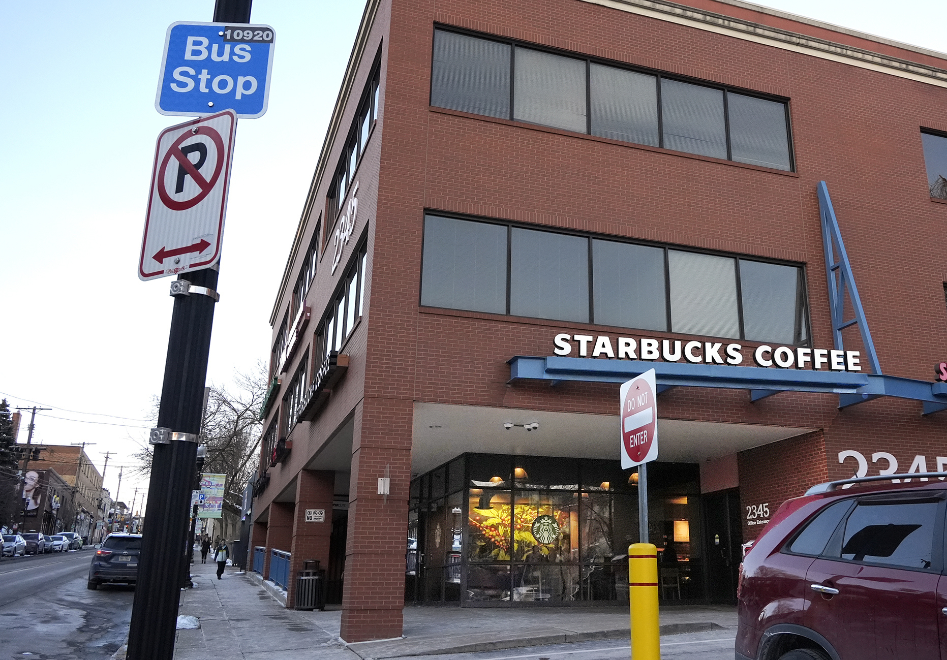 Brick Starbucks building at an intersection