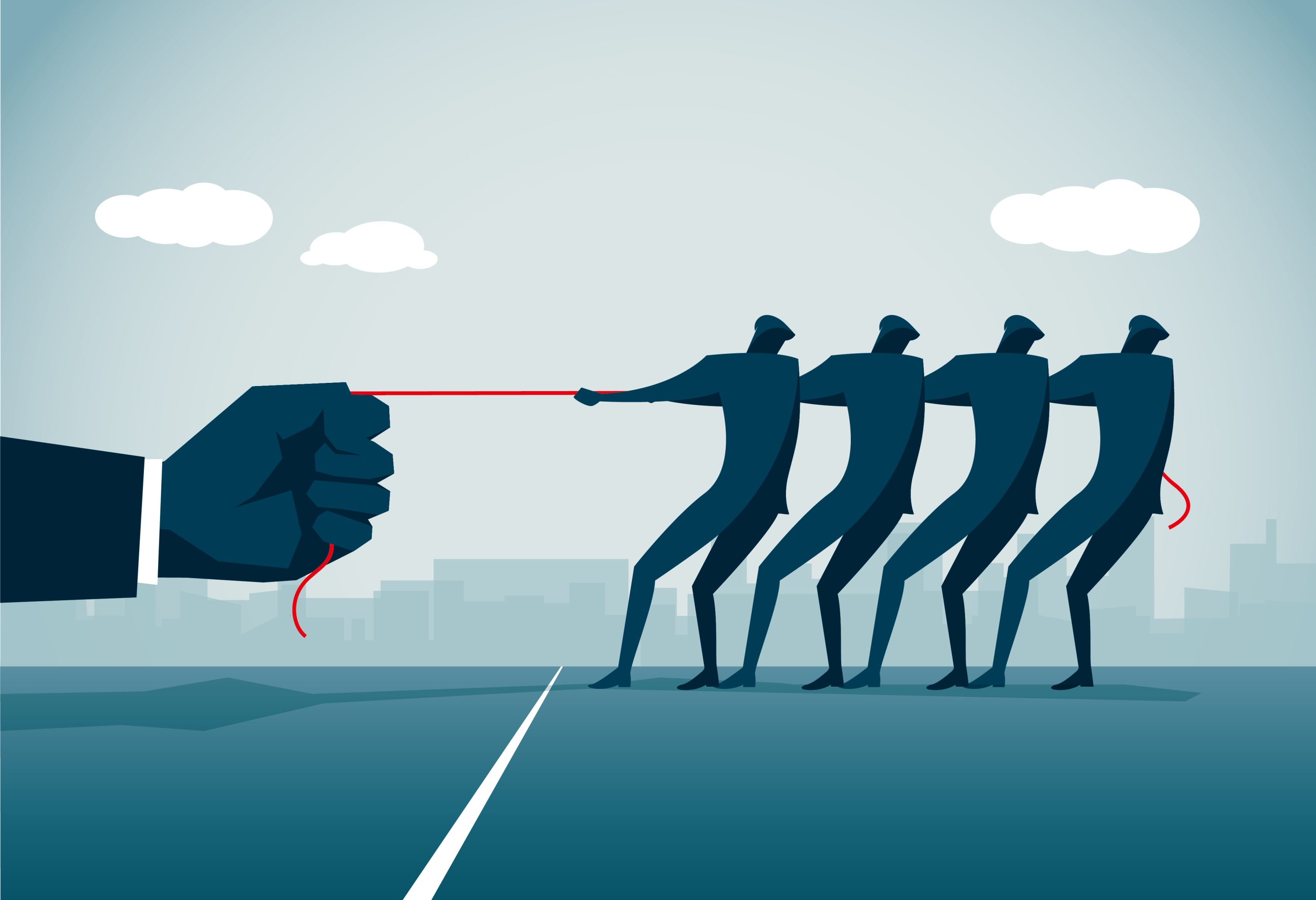 Stock illustration of four figures losing a tug of war game against a giant hand.