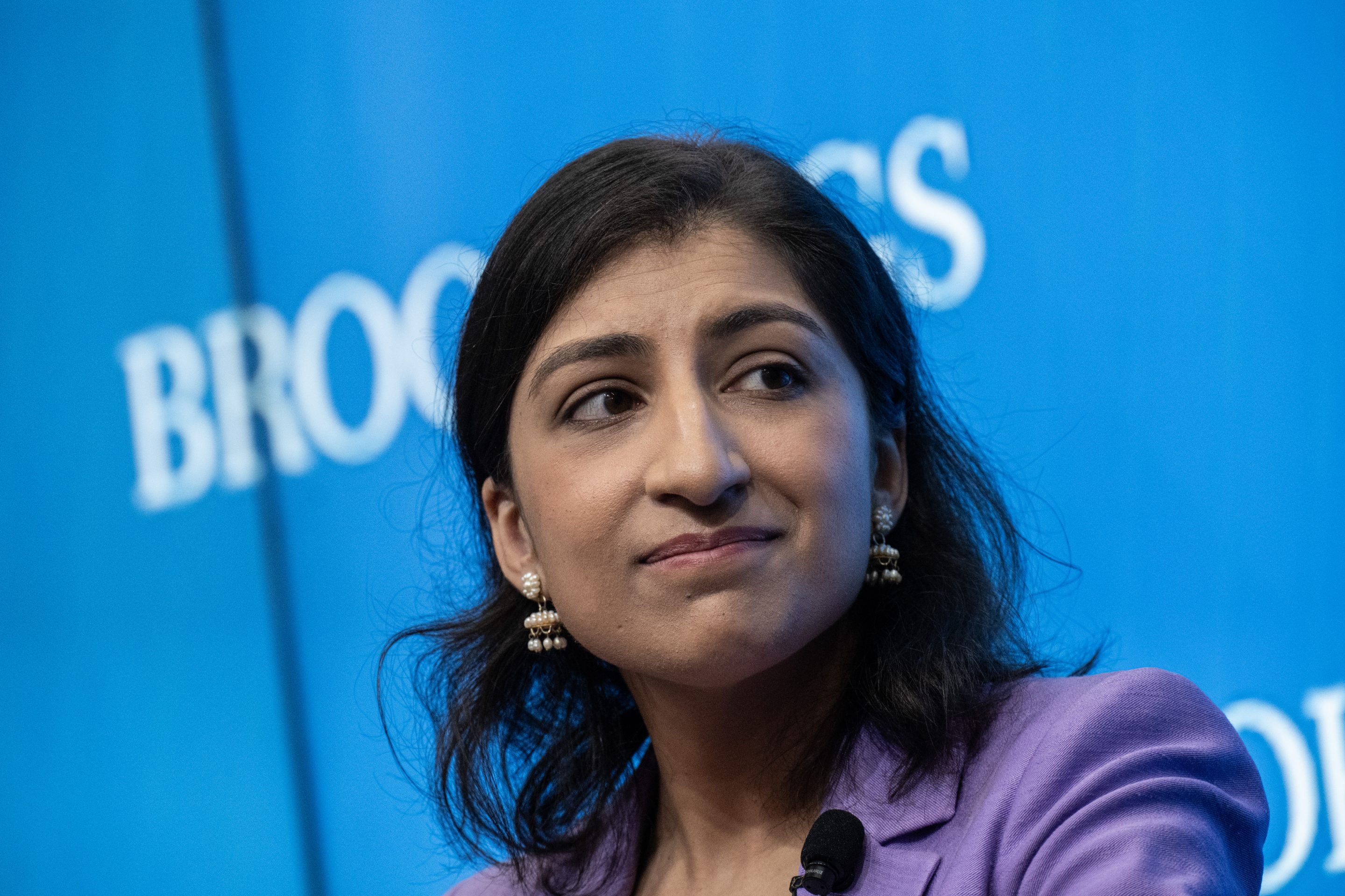 Federal Trade Commission Chair Lina Khan speaks during a discussion on antitrust reforms at the Brookings Institution October 4, 2023.