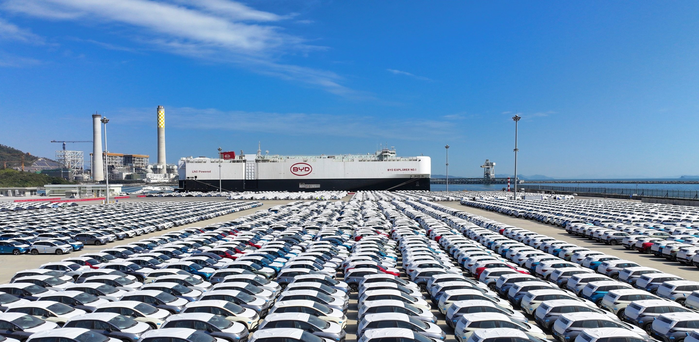 BYD electric vehicles in Shenzhen, China, ready for export to Europe.