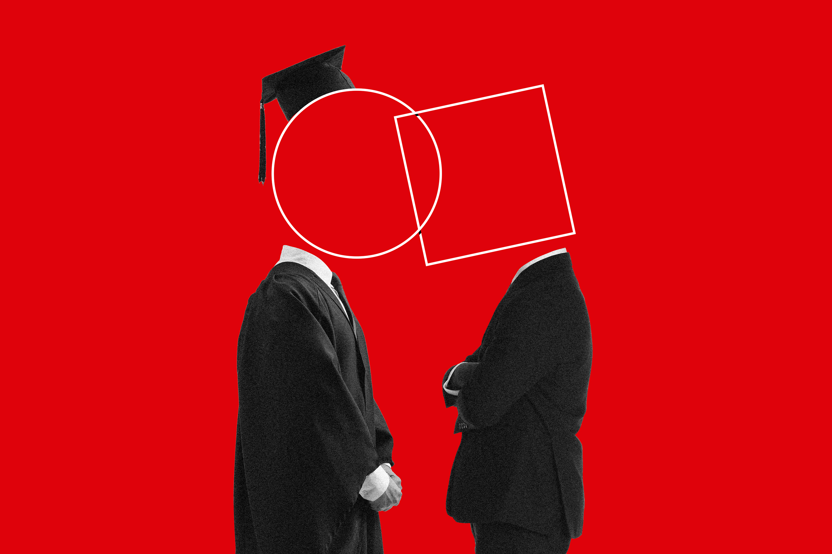 Illustration of a person in a formal graduation outfit and a businessman.