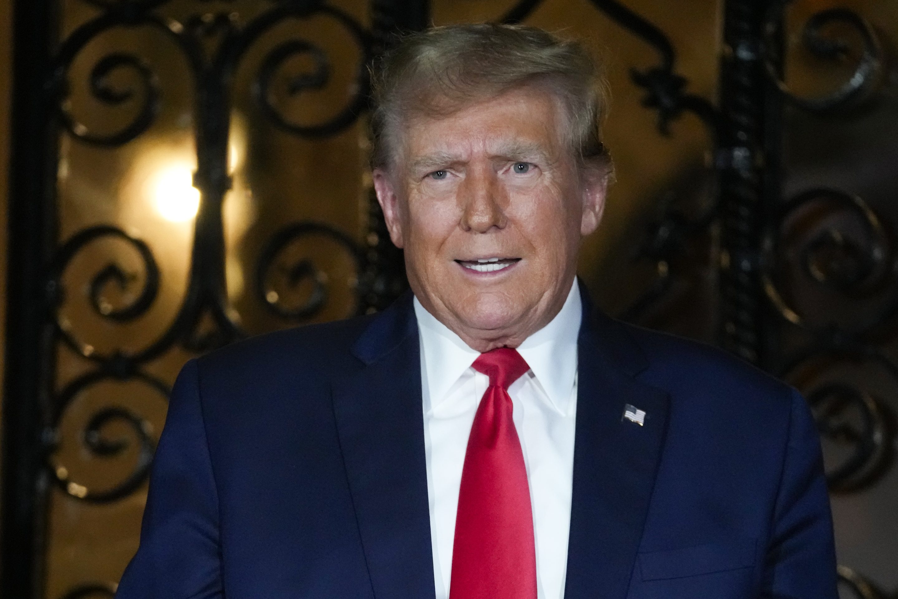 Republican presidential candidate former President Donald Trump speaks at his Mar-a-Lago estate on Friday.