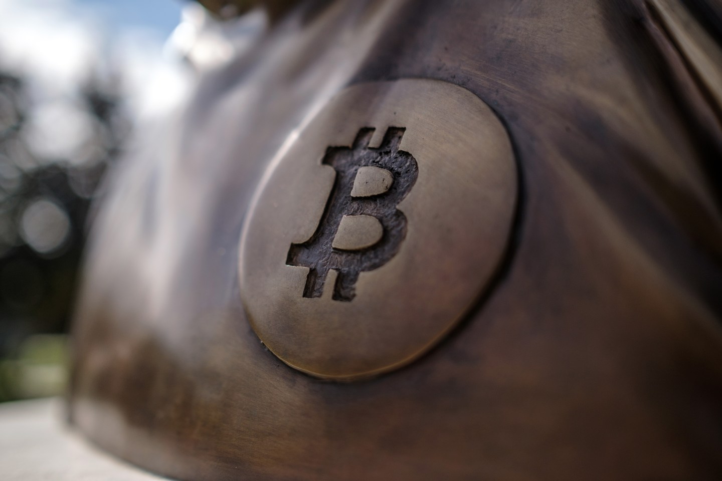 A detail from the statue of Satoshi Nakamoto, a pseudonym used by the inventor of Bitcoin, which is displayed in Graphisoft Park in Budapest.