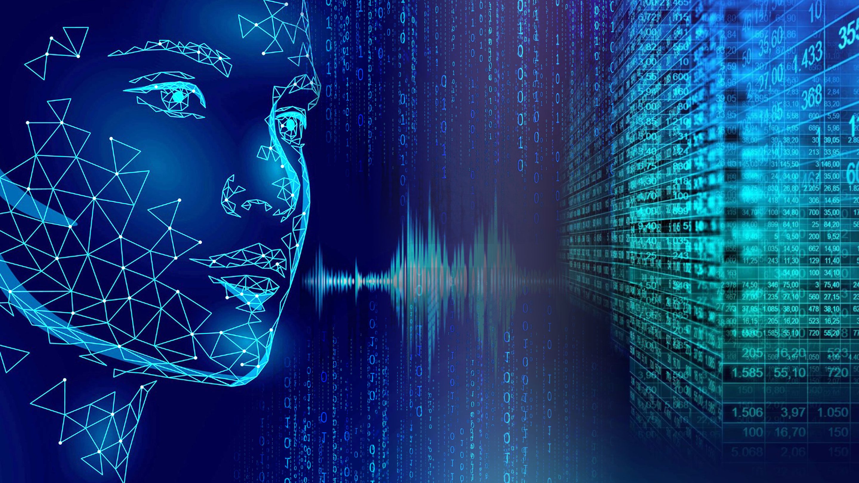 Polygon female face looking at data in cyberspace