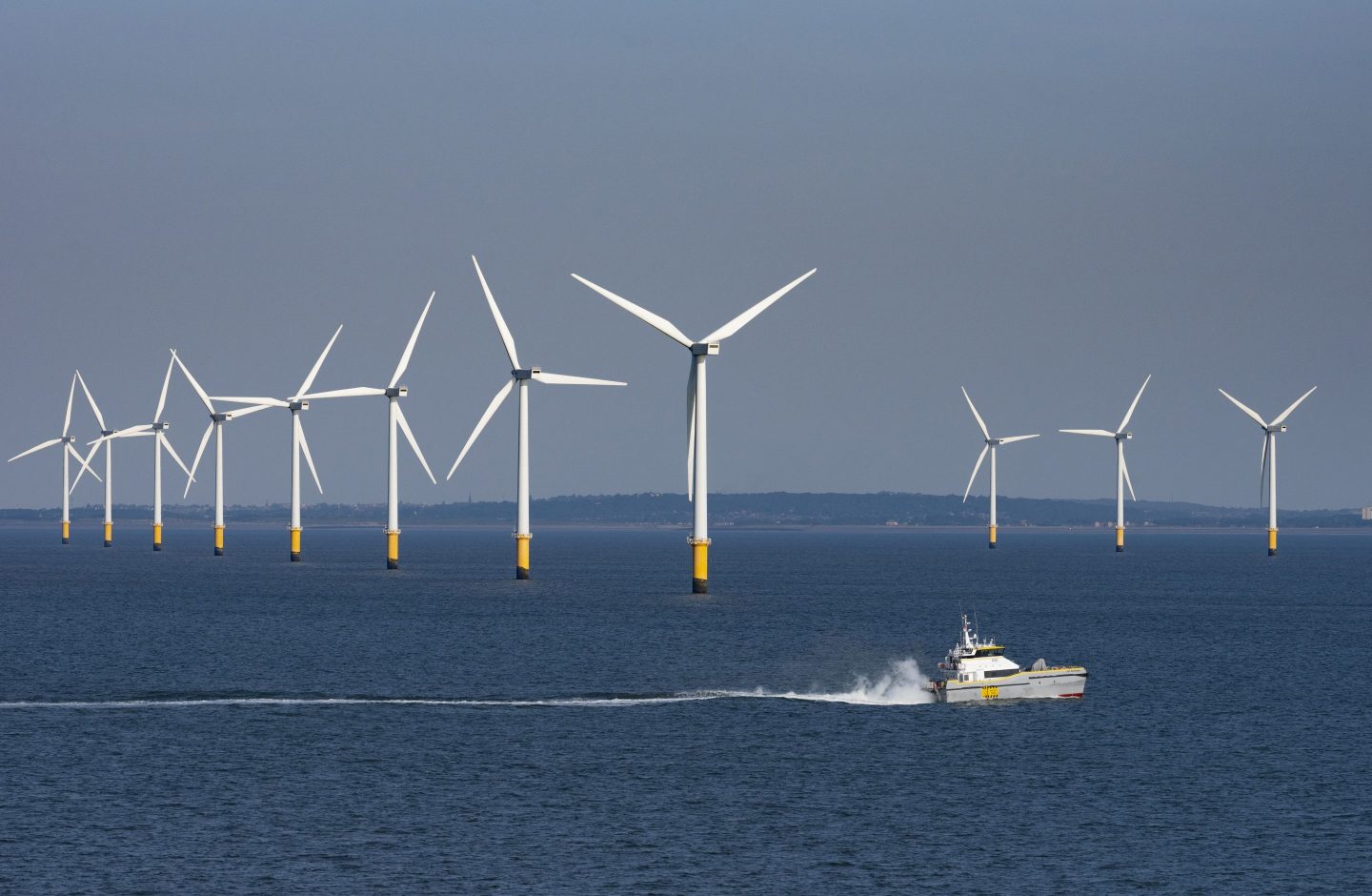 a number of wind turbines amid water
