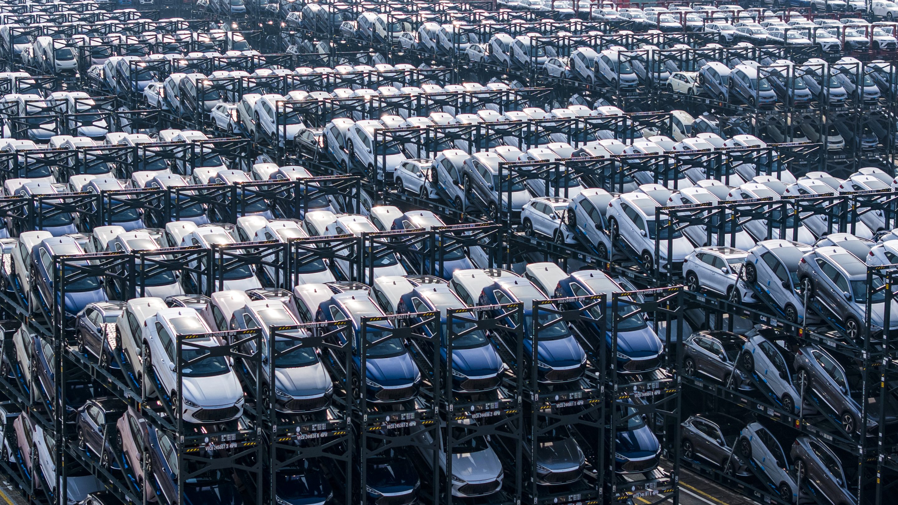 BYD EVs waiting to be loaded onto a ship this month in China.
