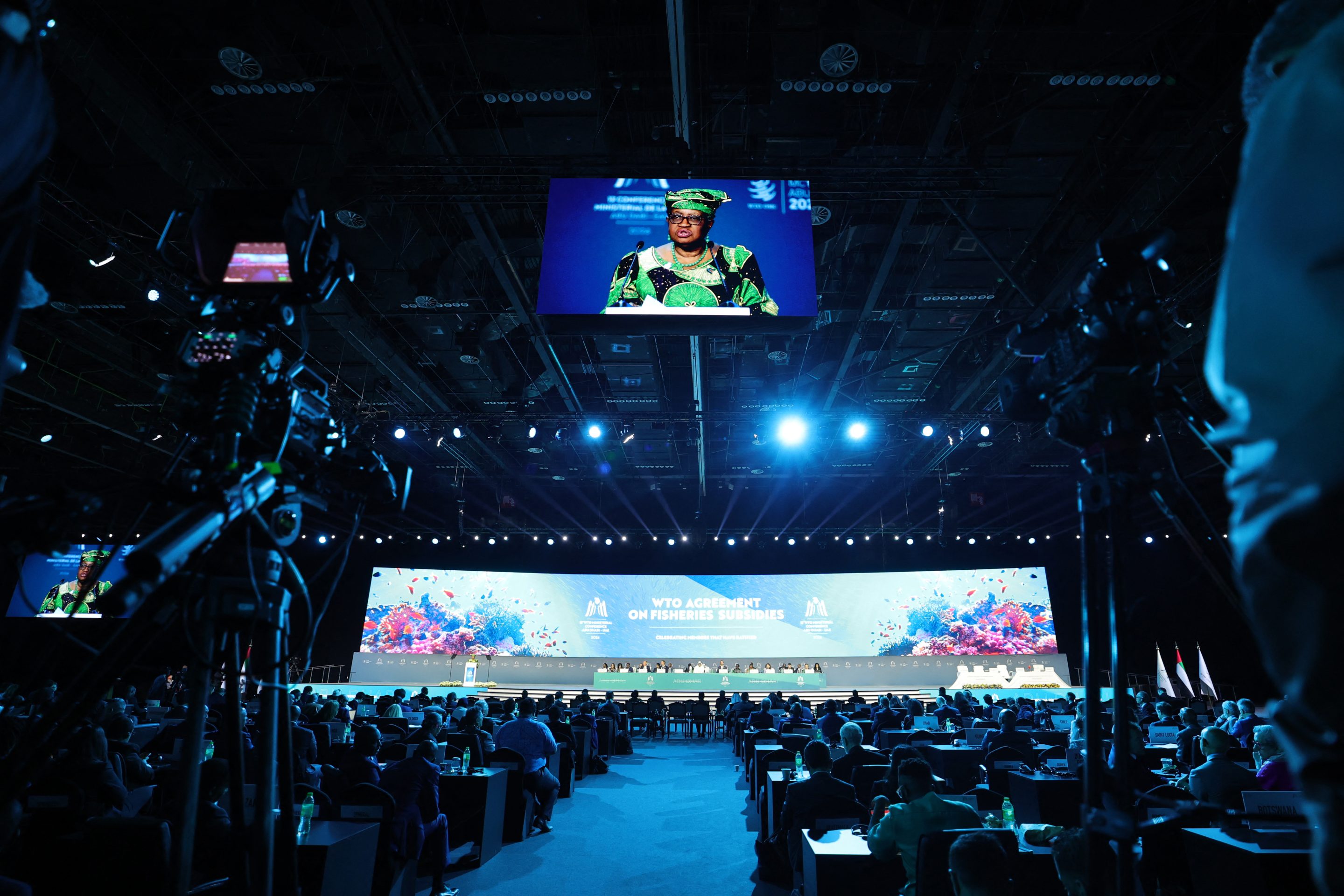 Director-General of the World Trade Organization (WTO) Ngozi Okonjo-Iweala addresses delegates during a session on fisheries subsidies in Abu Dhabi om Feb. 26.