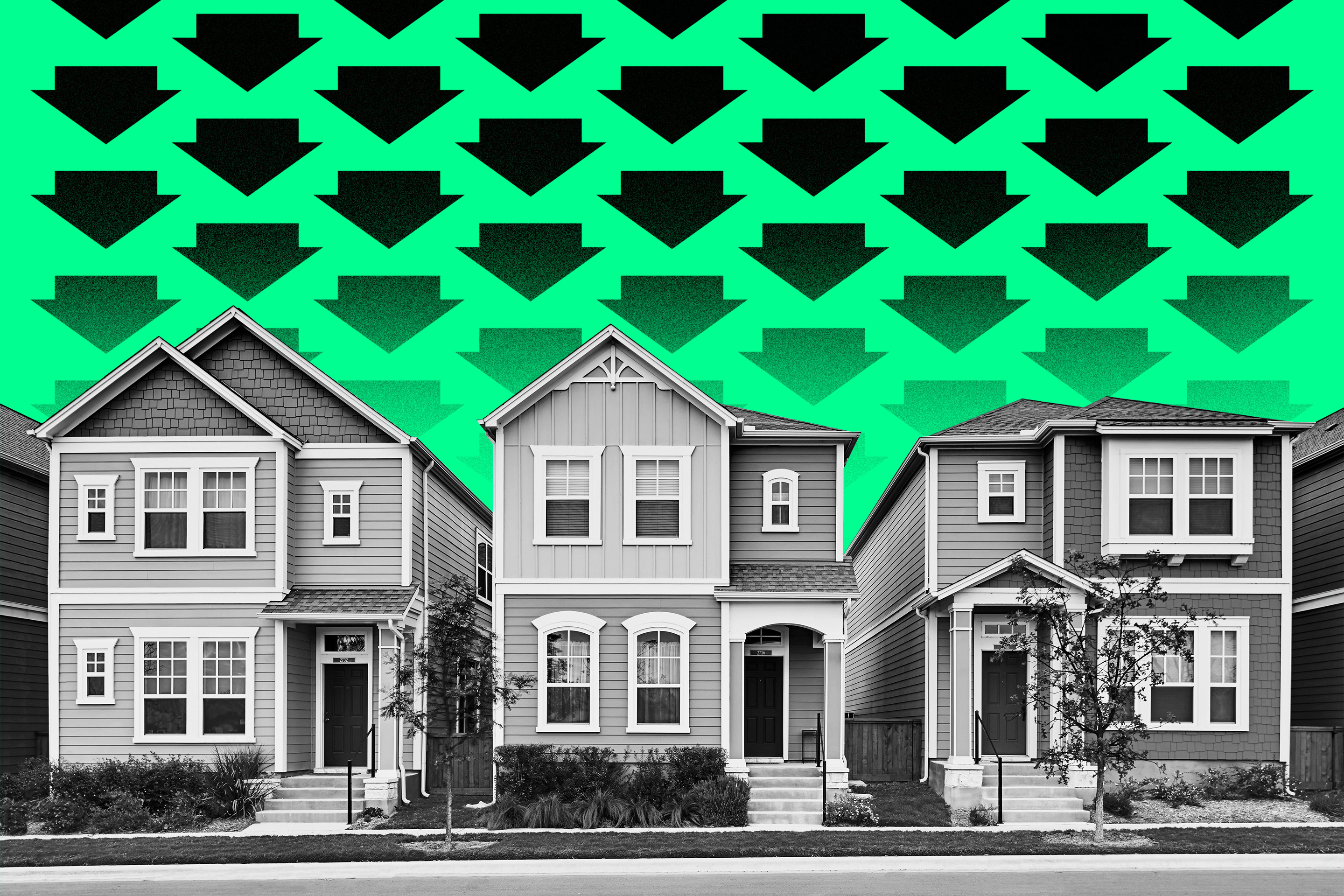 line of houses topped with down arrows with green background