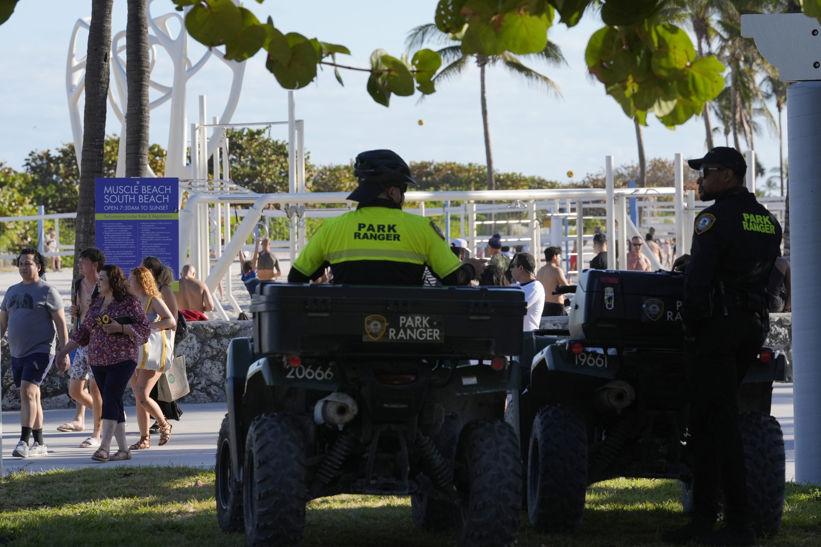 Miami Beach park rangers watch over crowds on Feb. 27, 2024, in Miami Beach, Fla.