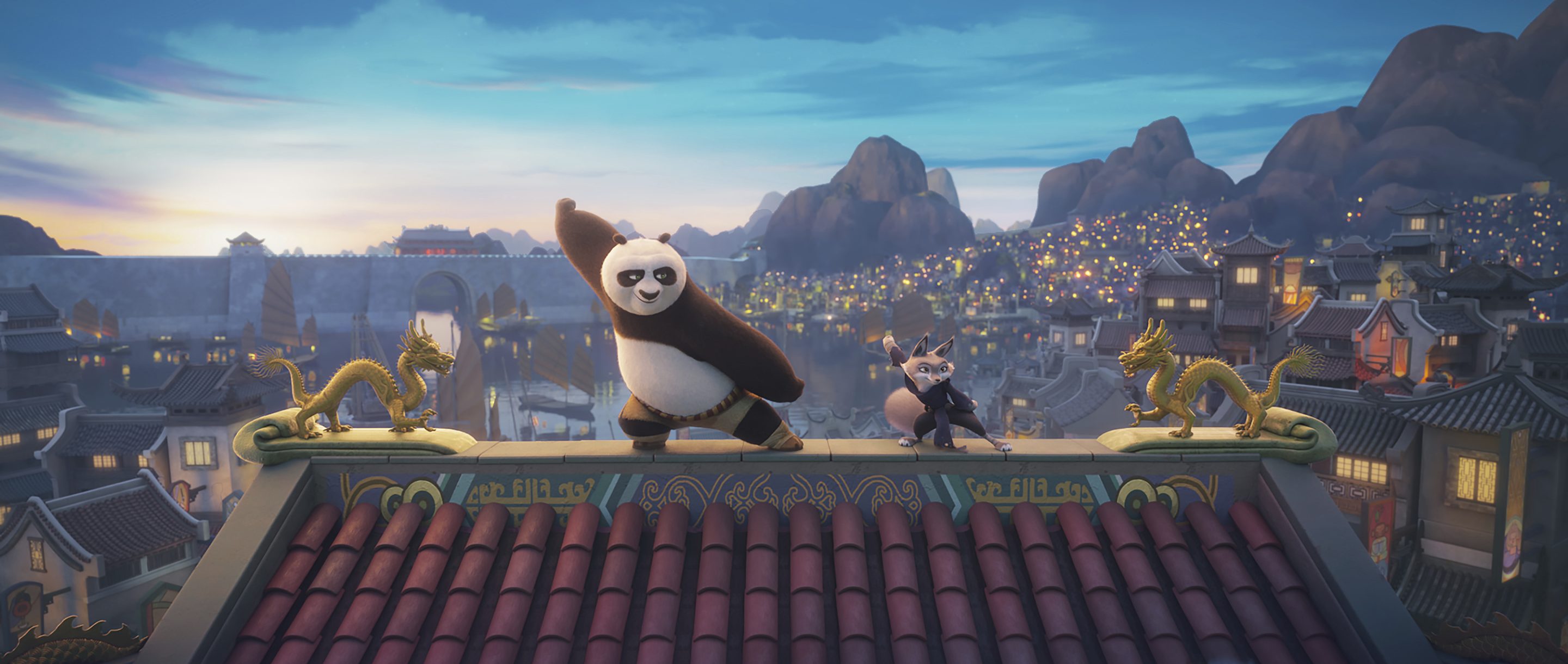 Po, voiced by Jack Black, left, and  Zhen, voiced by Awkwafina, in a scene from DreamWorks Animation's "Kung Fu Panda 4." 