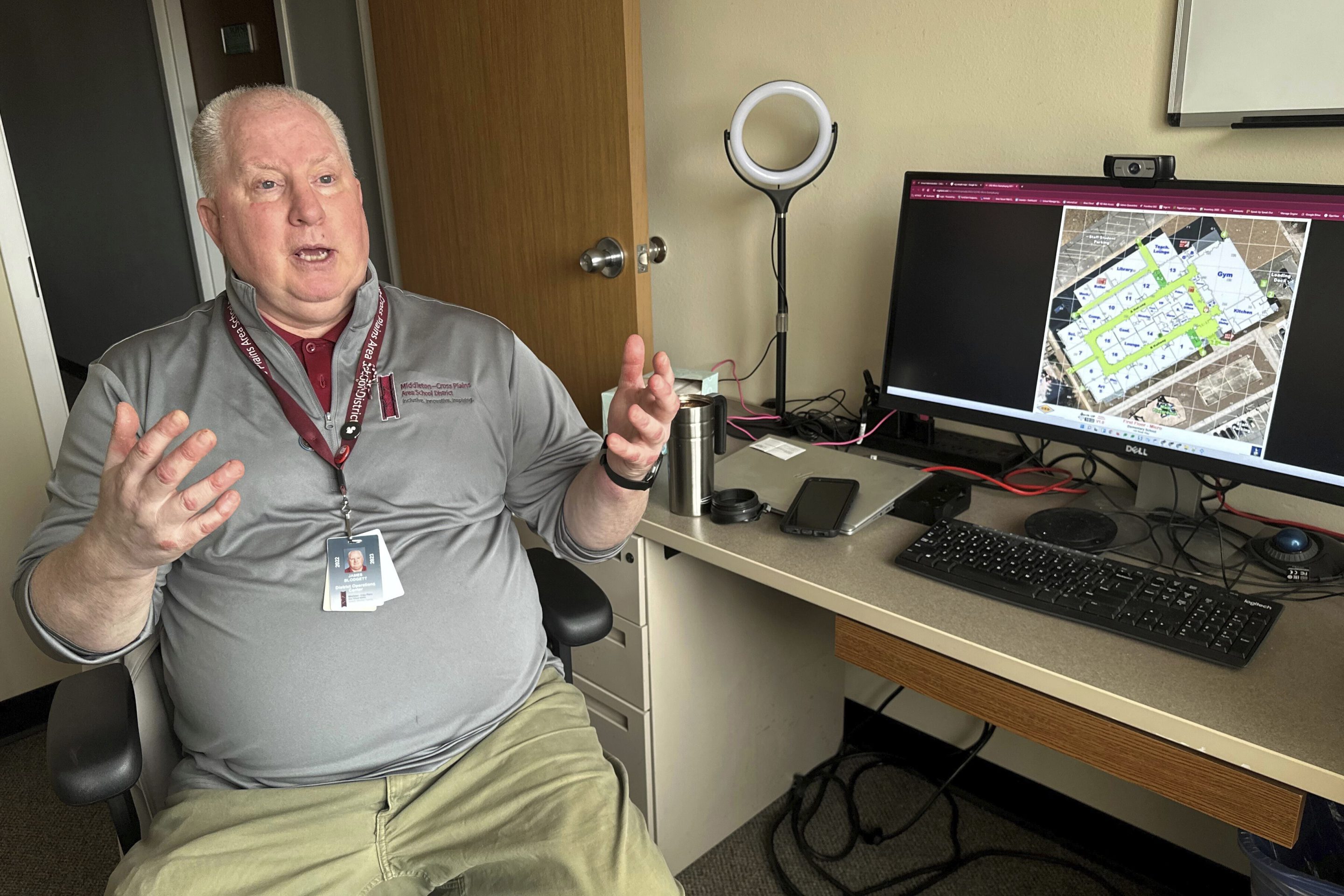 Jim Blodgett, safety and security director for the Middleton-Cross Plains Area School District, discusses digital mapping of school facilities on Feb. 27, 2024, at his office in Middleton, Wis.