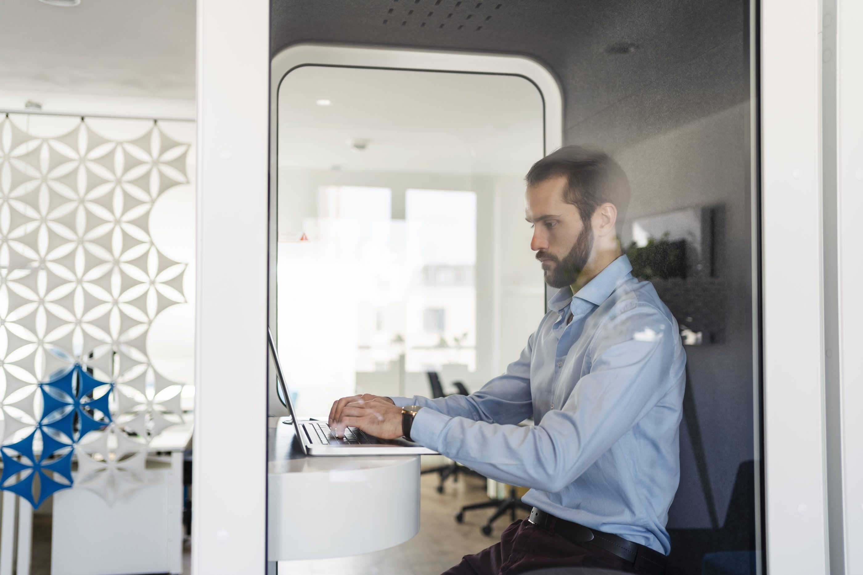 A office-furniture company is testing a phone booth that monitors employee's heart rate and breath. Actual product not pictured above.