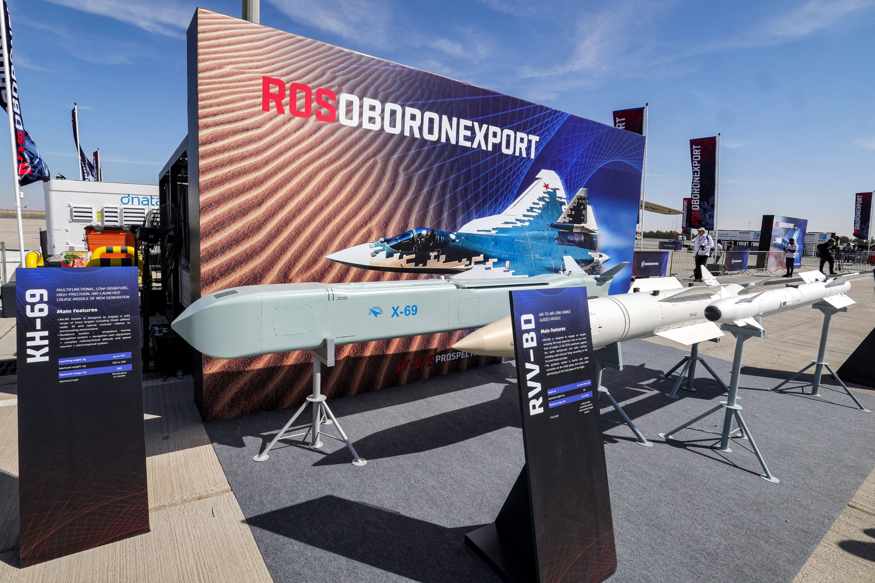 A Russian JSC Rosoboronexport KH-69 air-launched cruise missile and RVV-BD and RVV-MD2 air-to-air hypersonic long-range guided missiles are pictured during the 2023 Dubai Airshow.