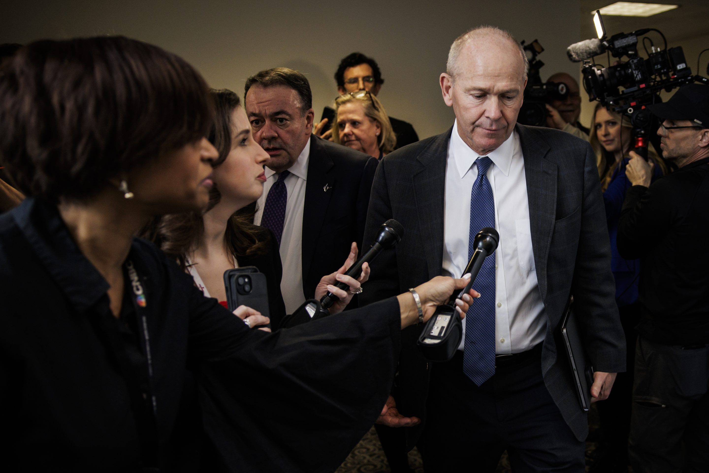 Dave Calhoun, CEO of Boeing (center right) on Capitol Hill in Washington, D.C., on Jan. 24, 2024. 