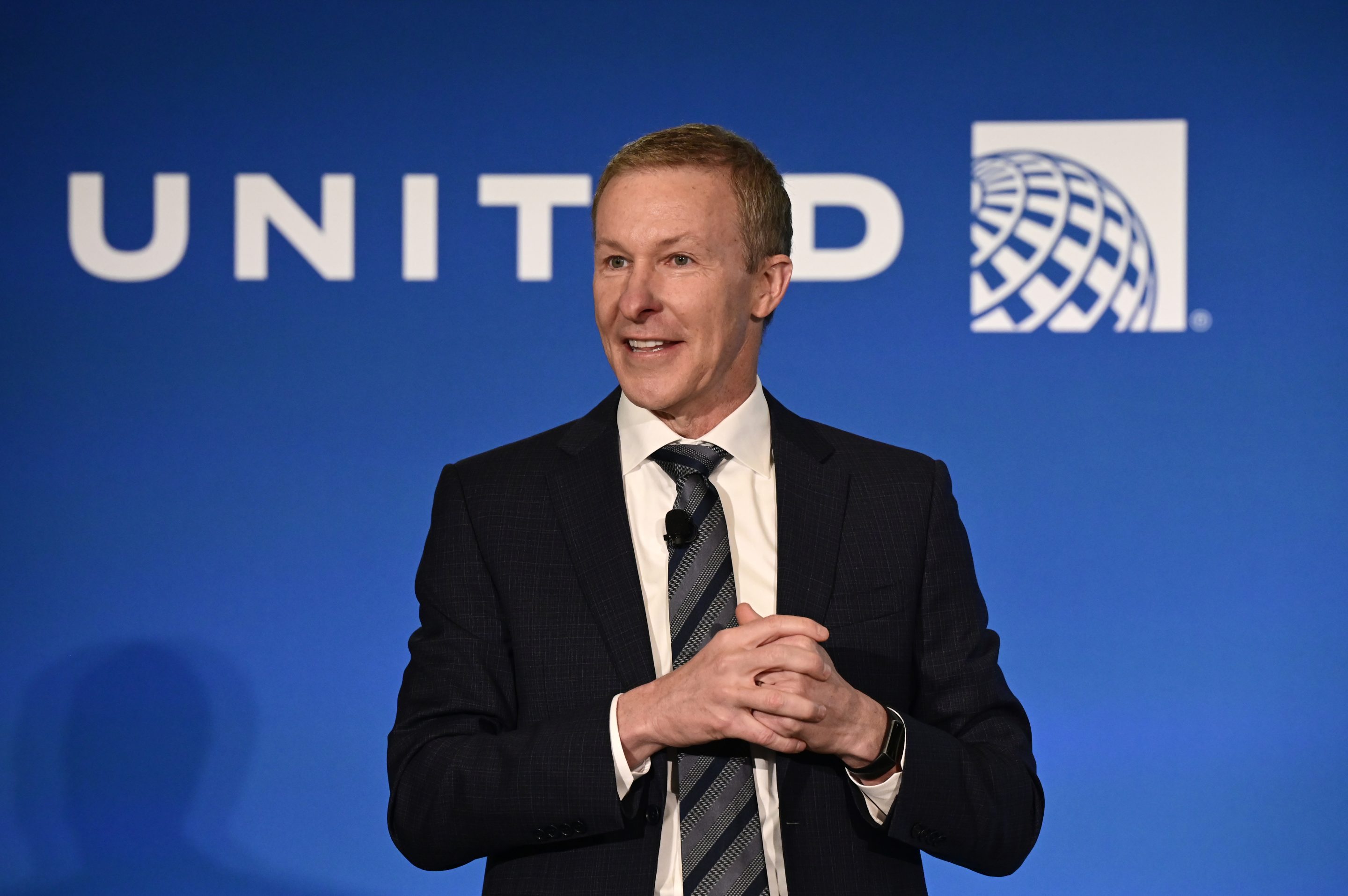 United Airlines CEO Scott Kirby celebrates the opening of a new addition to its Flight Training Center in Denver, Colorado on Feb. 22, 2024.